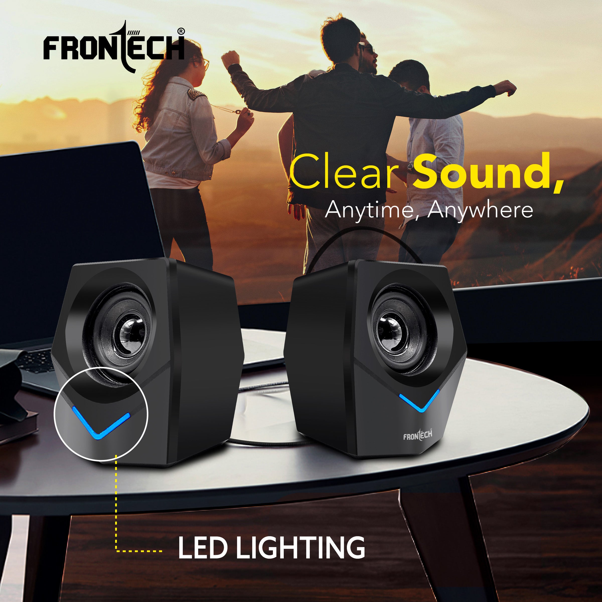 FRONTECH 2.0 Multimedia Speakers: 10W USB-Powered PC/Laptop/Mobile Speakers with 3.5mm AUX & Blue LED Lighting. (SPK-0011)