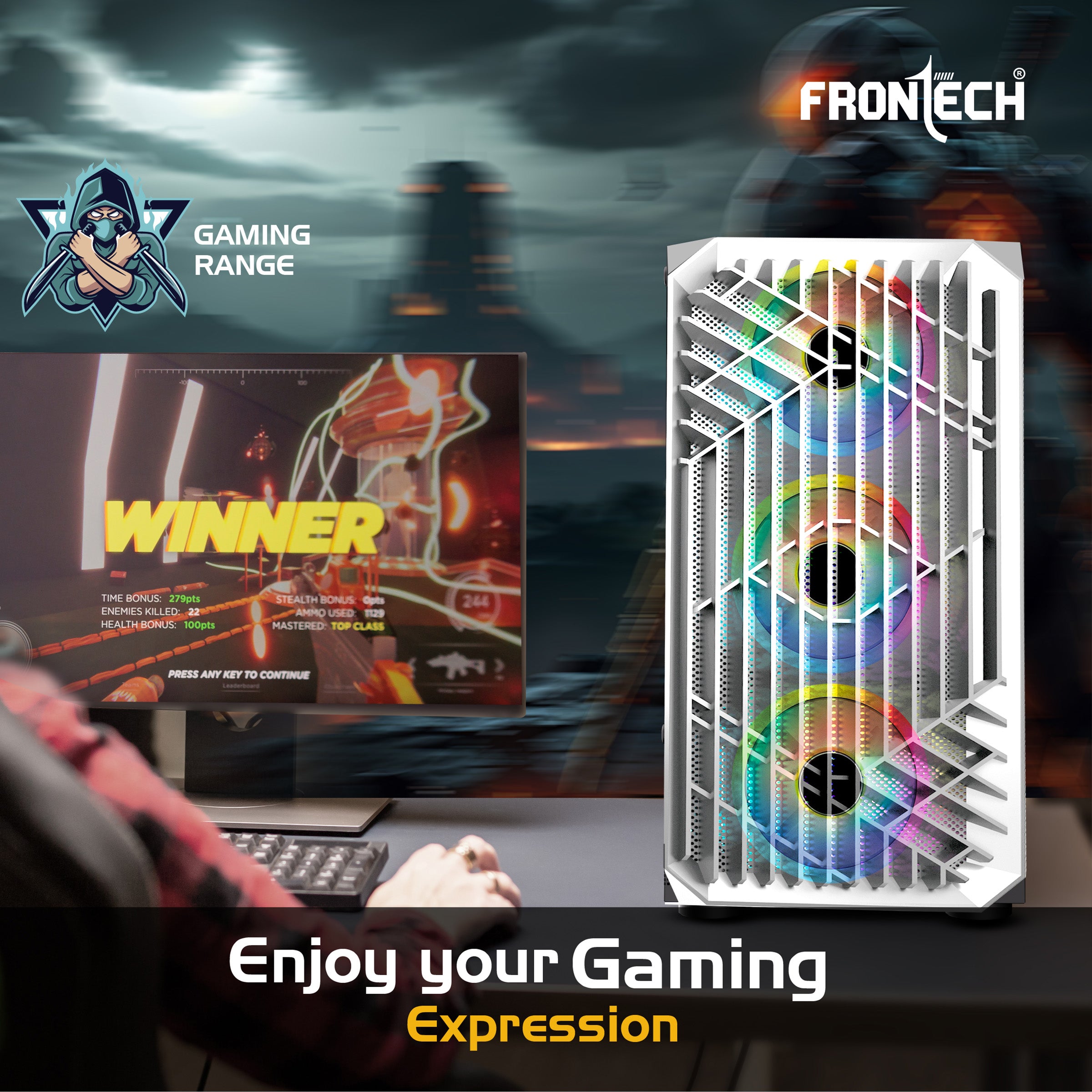 FRONTECH WAR MACHINE FT-4350 Gaming Computer Case with 4x120mm LED Fans & Acrylic Side Panel.