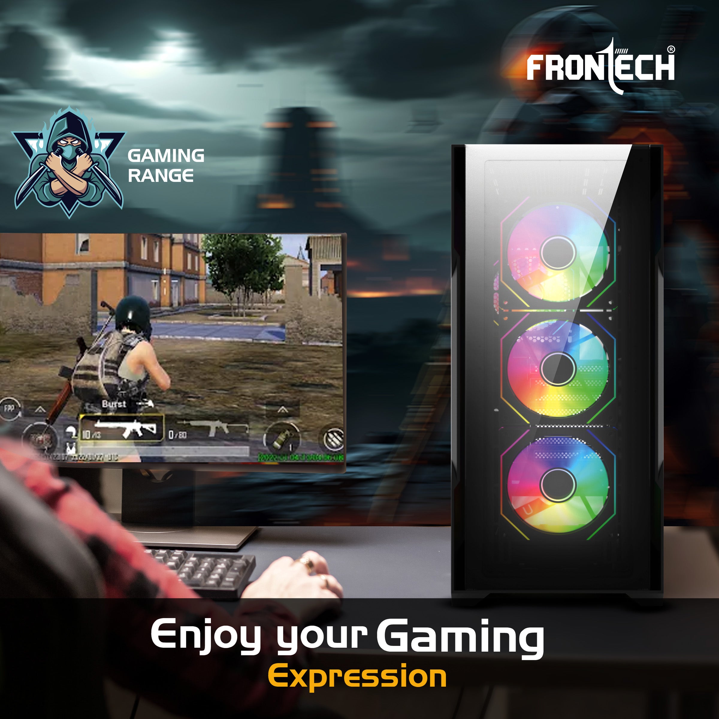 FRONTECH QUADRA Gaming Computer Cabinet | Mid-Tower PC Cabinet | 4 Pre-Installed 120mm ARGB Fans | Washable Dust Filter | Tempered Glass Side Panel | USB 3.0, USB 1.0, Type-C, HD Audio/Mic | ATX/MATX Motherboard Support (FT-4385)