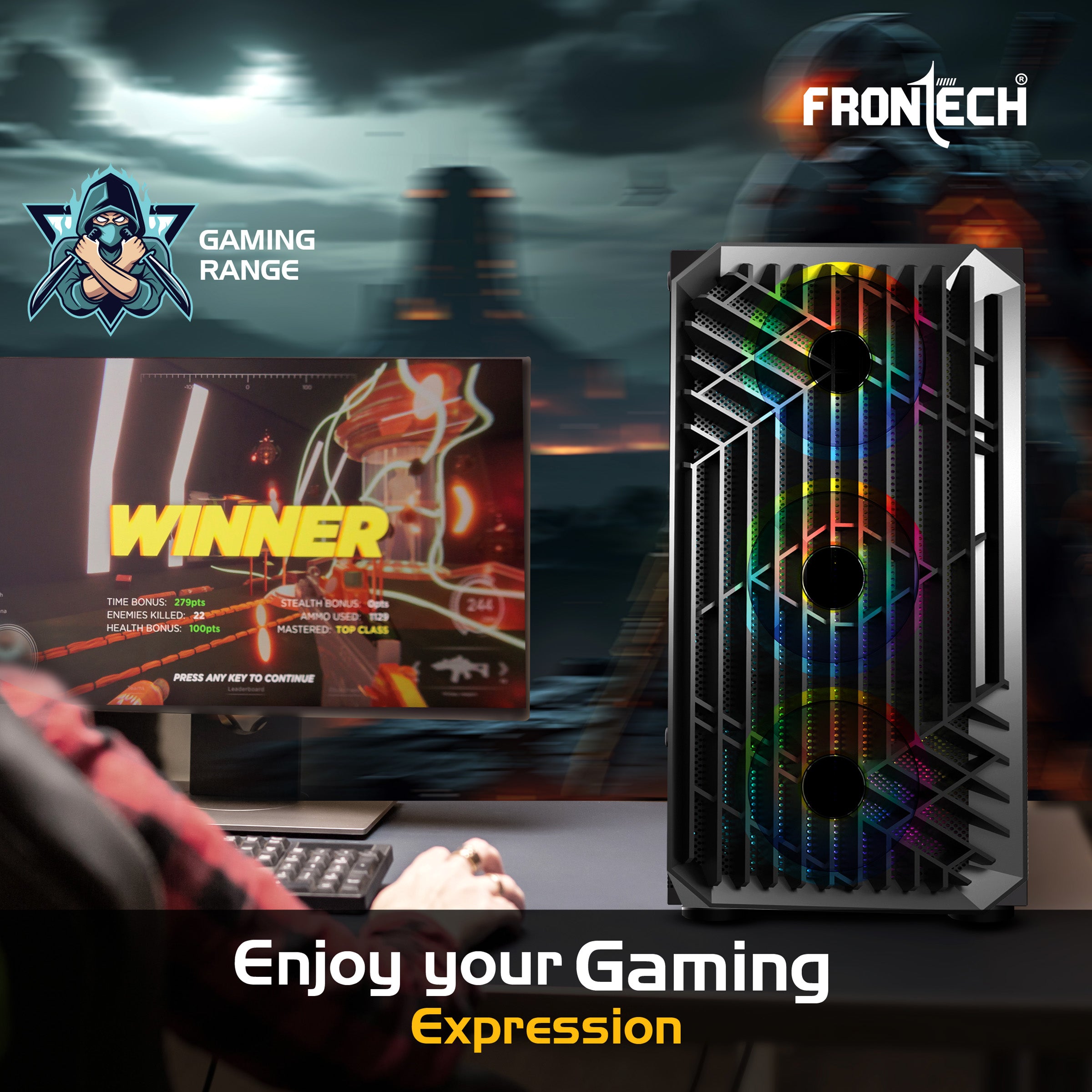 FRONTECH WAR MACHINE FT-4349 Gaming Computer Case with 4x120mm LED Fans & Acrylic Side Panel.