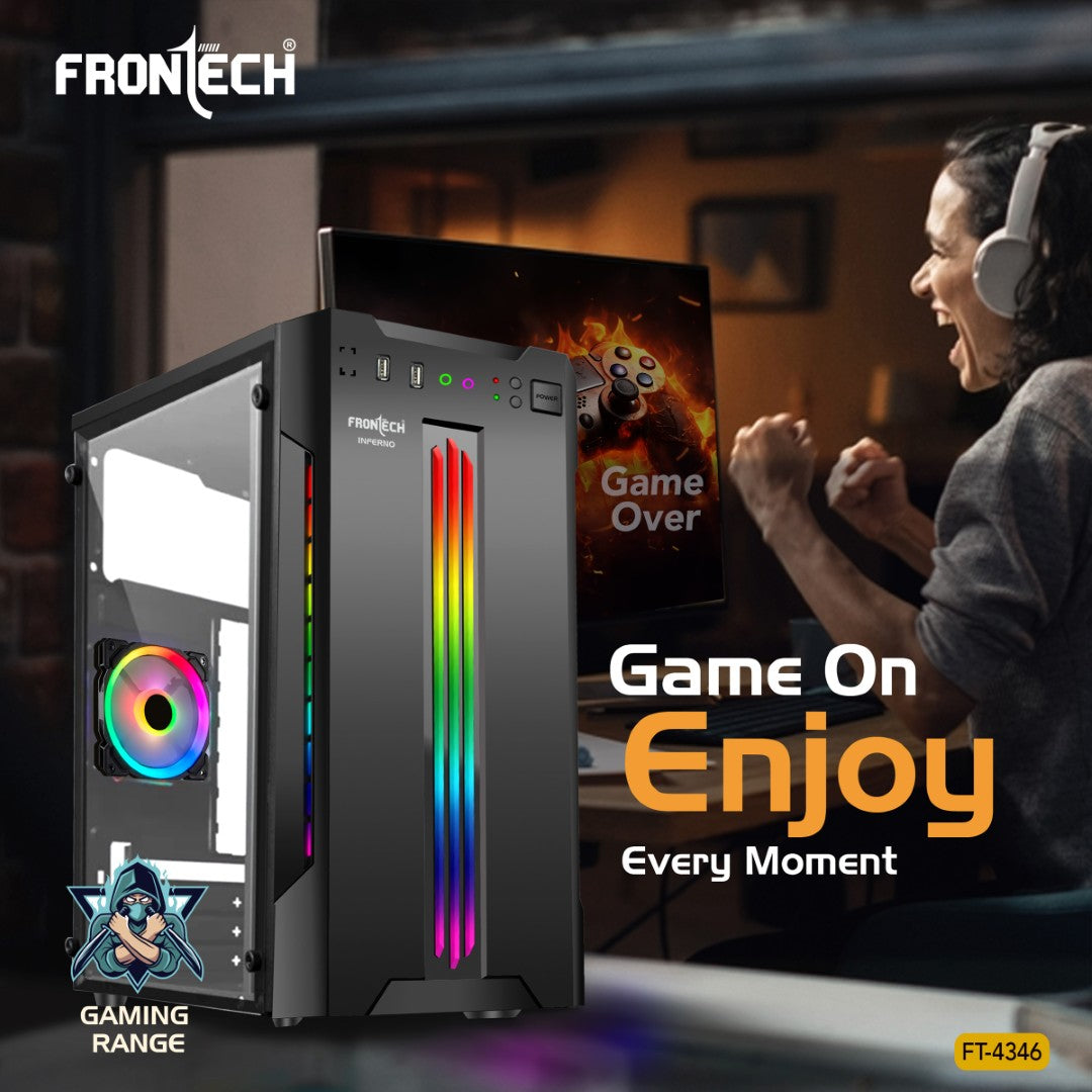 Gaming PC Cabinet | 1 x 80mm LED Fan, Front RGB Strip, USB 1.1 & 3.0, HD Audio (FT-4346)