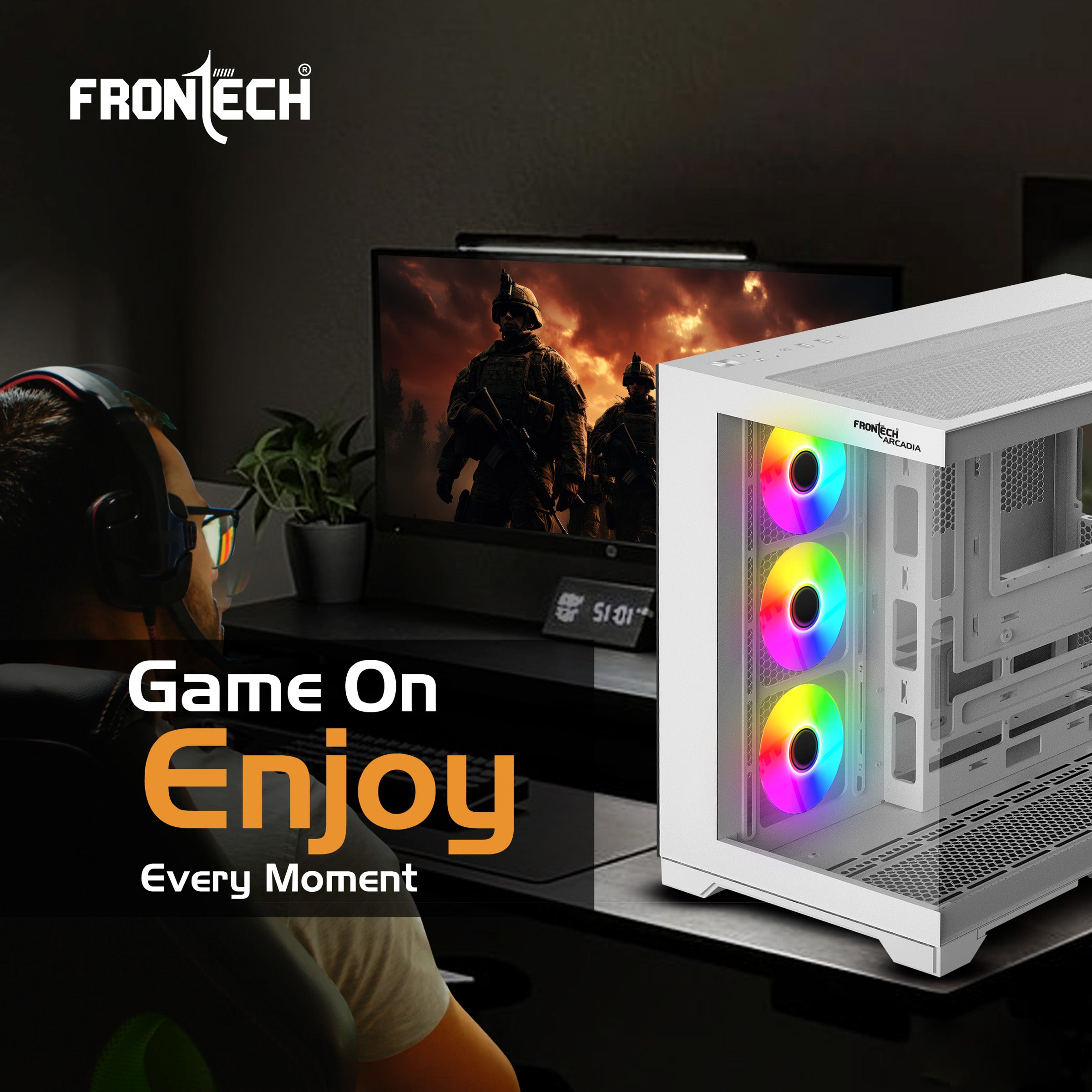 Frontech ARCADIA FT-4381 White Gaming Computer Case with ARGB & Tempered Glass