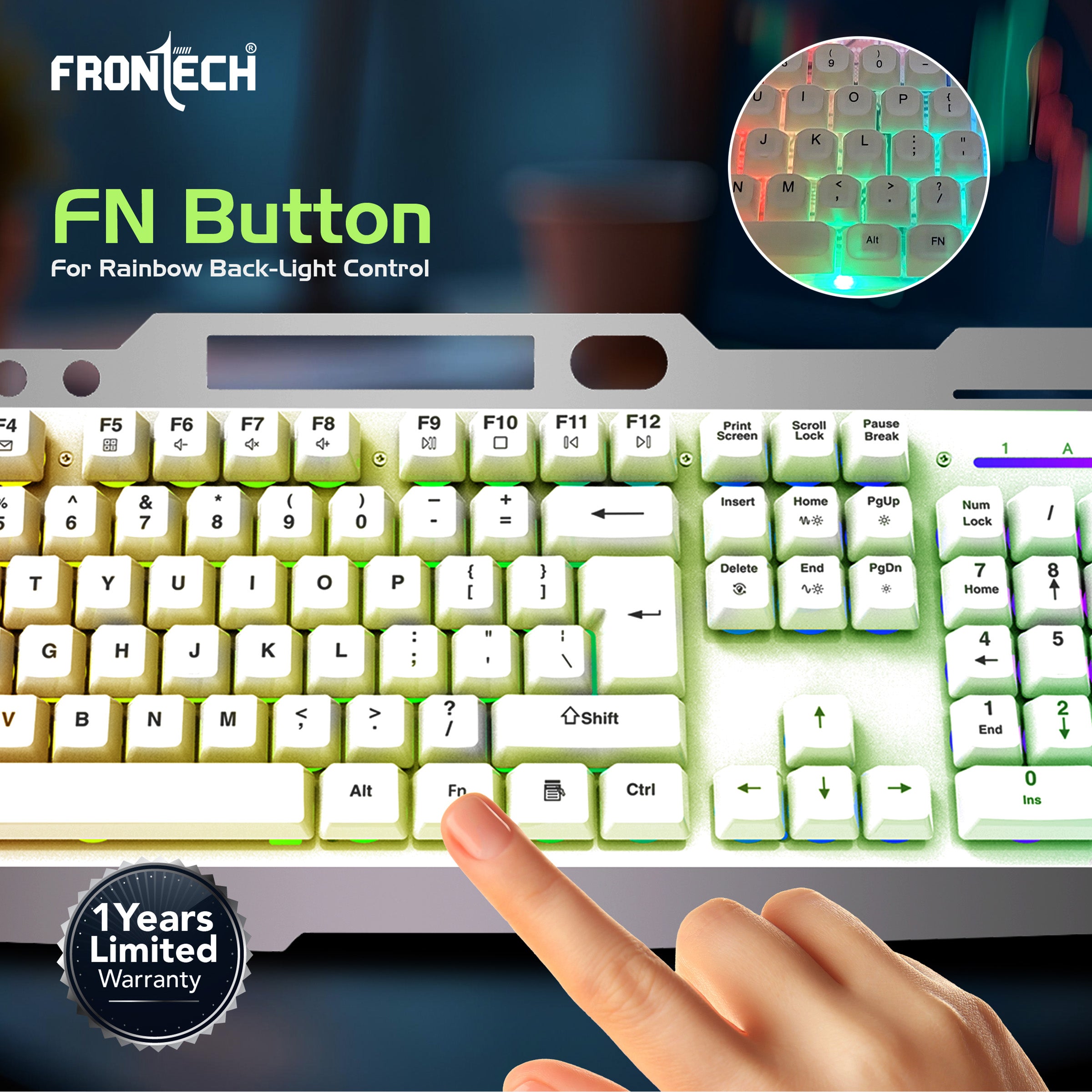 FRONTECH Wireless Gaming Keyboard & Mouse Combo | Rainbow Backlit | 2.4GHz | 4800 DPI | Rechargeable | Type-C | 104 keys | Windows/Mac/Android/iOS Compatible (KB-0025W)