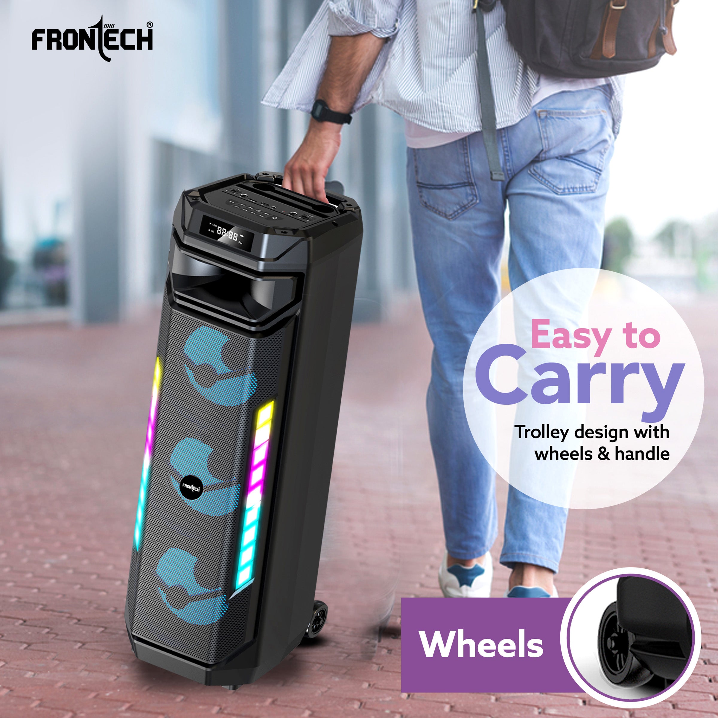 Frontech Smash PRO-20P 90W Trolley Speaker | Karaoke with Wireless Mic | TWS | RGB Lights | BT 5.0 | USB/TF/AUX/FM | 6000mAh Battery | Dual Mic Ports | Recording (SW-0020P).