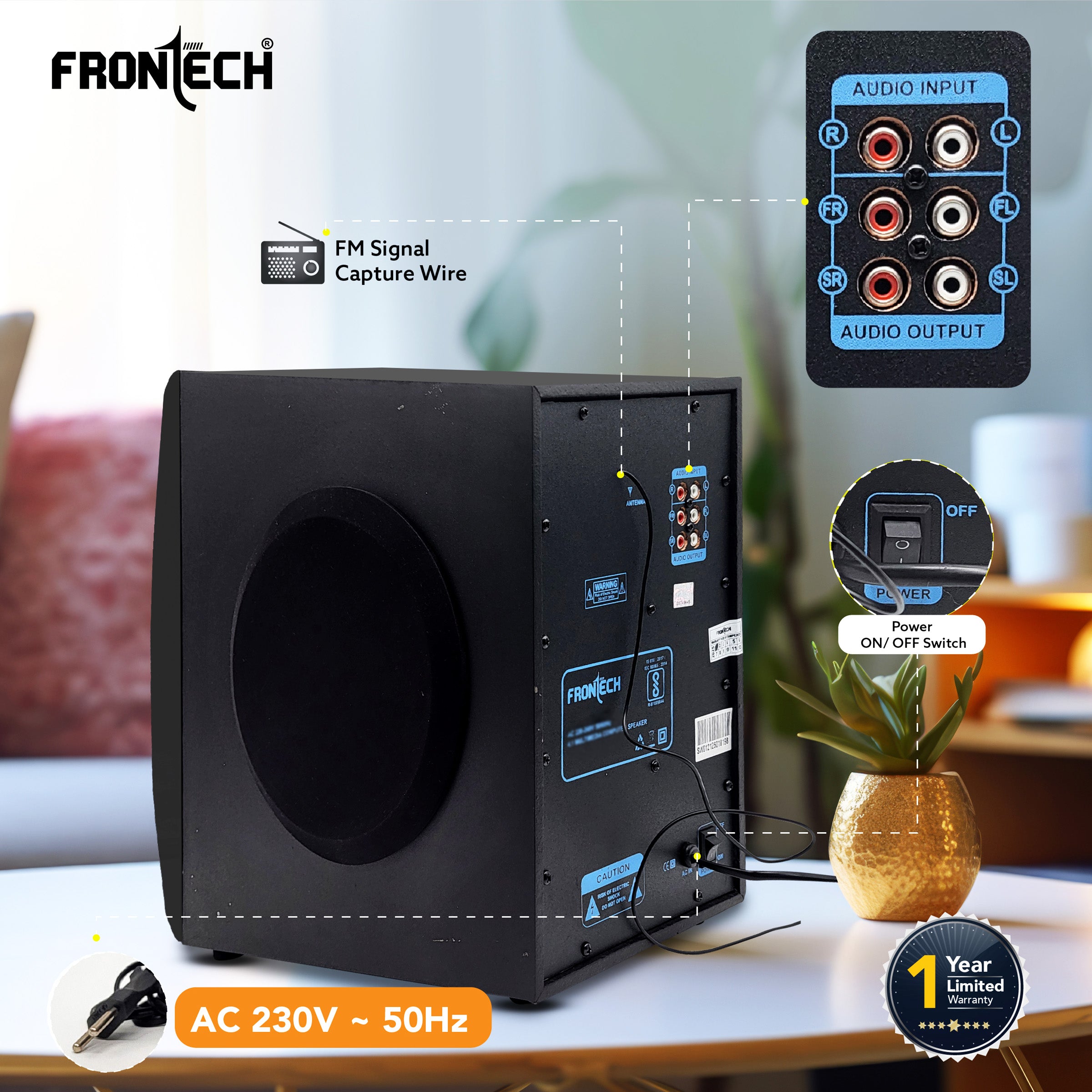 FRONTECH 40W Bluetooth 5.0 Multimedia Speaker| Powerful Bass | 2.1 Channel | Surround Sound System | USB | AUX | FM Radio | Wireless Remote Control for Home & Office (SW-0144)