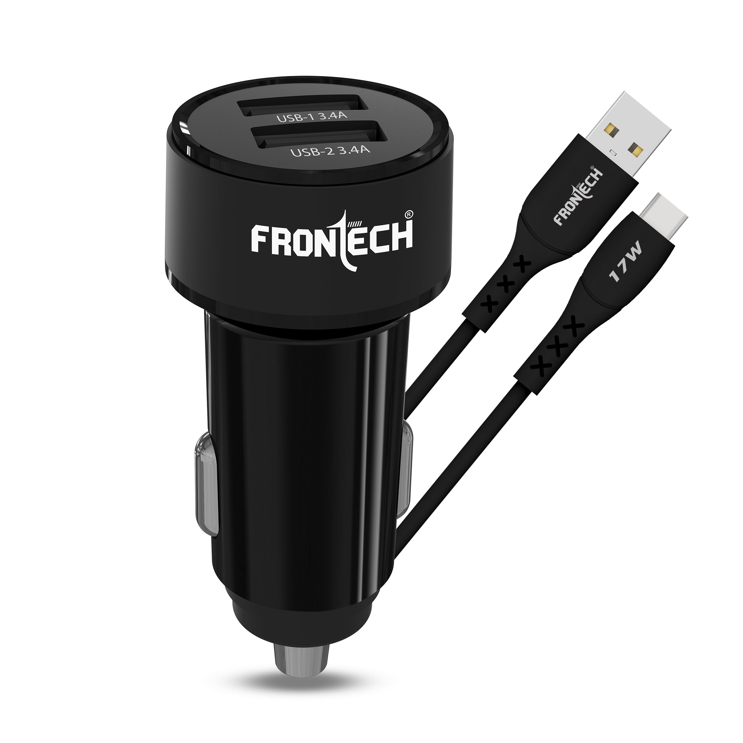 FRONTECH 17W Dual USB Car Charger with 1M Type-C Cable | Fast Charging (5V/3.4A) | Compact, Anti-Vibration Design | Charge 2 Devices Simultaneously (CCH-0008)