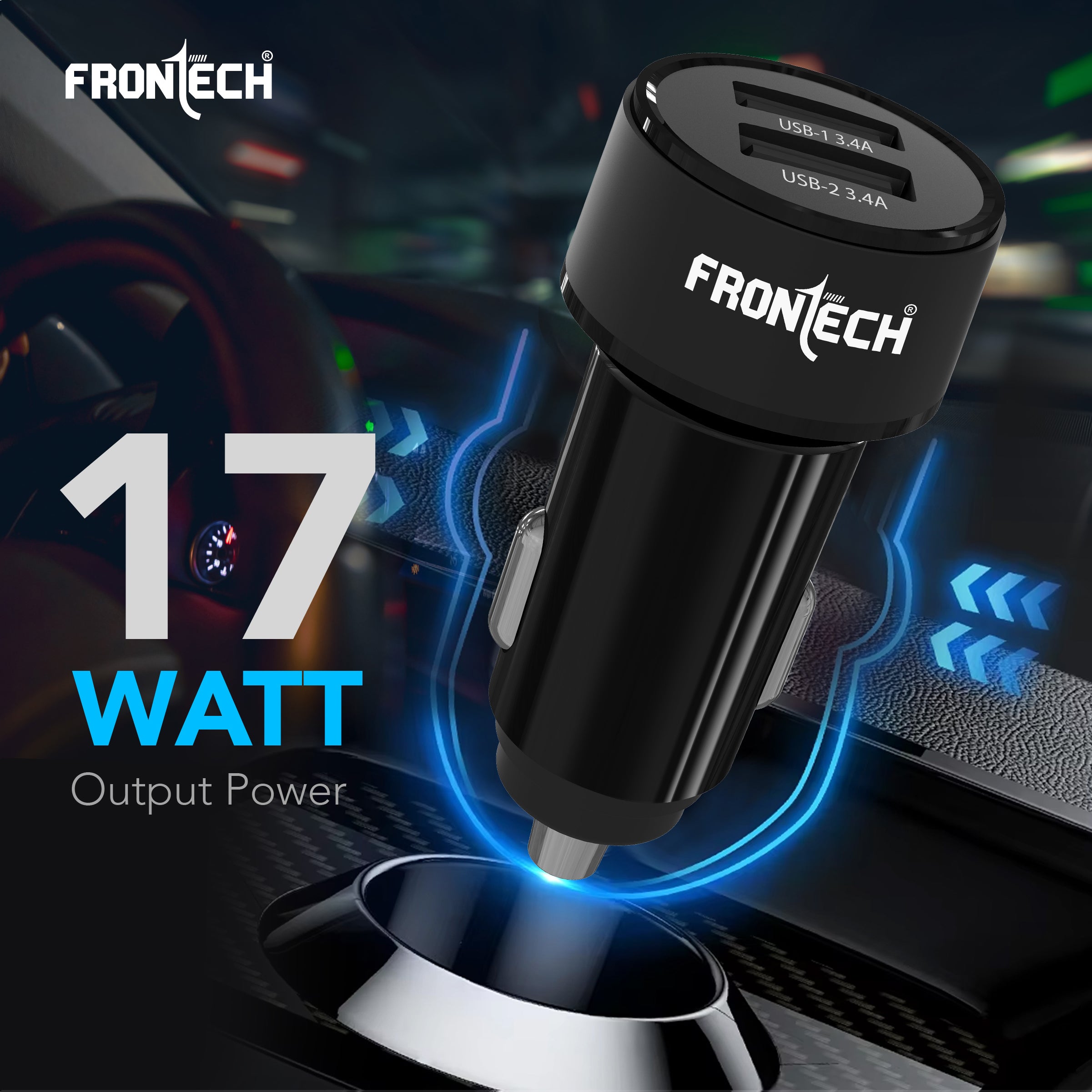 FRONTECH 17W Dual USB Car Charger with 1M Type-C Cable | Fast Charging (5V/3.4A) | Compact, Anti-Vibration Design | Charge 2 Devices Simultaneously (CCH-0008)