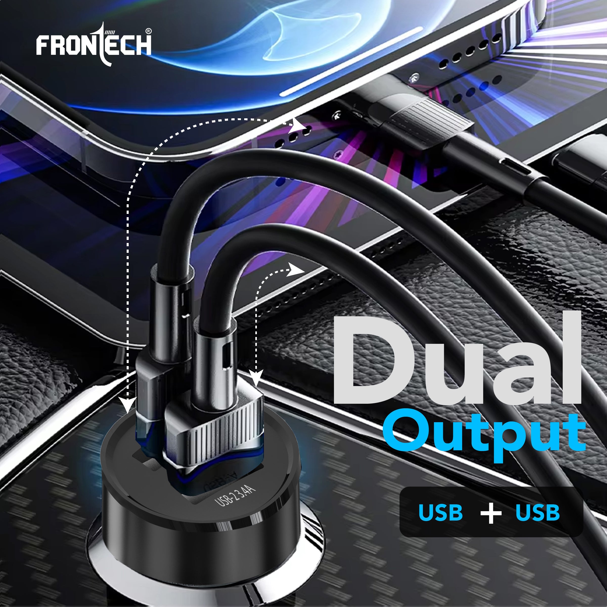 FRONTECH 17W Dual USB Car Charger with 1M Type-C Cable | Fast Charging (5V/3.4A) | Compact, Anti-Vibration Design | Charge 2 Devices Simultaneously (CCH-0008)