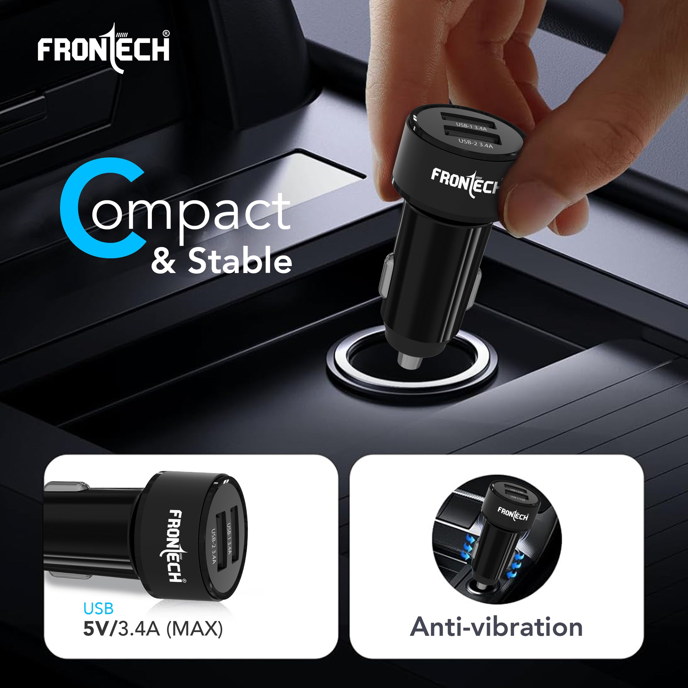 FRONTECH 17W Dual USB Car Charger with 1M Type-C Cable | Fast Charging (5V/3.4A) | Compact, Anti-Vibration Design | Charge 2 Devices Simultaneously (CCH-0008)