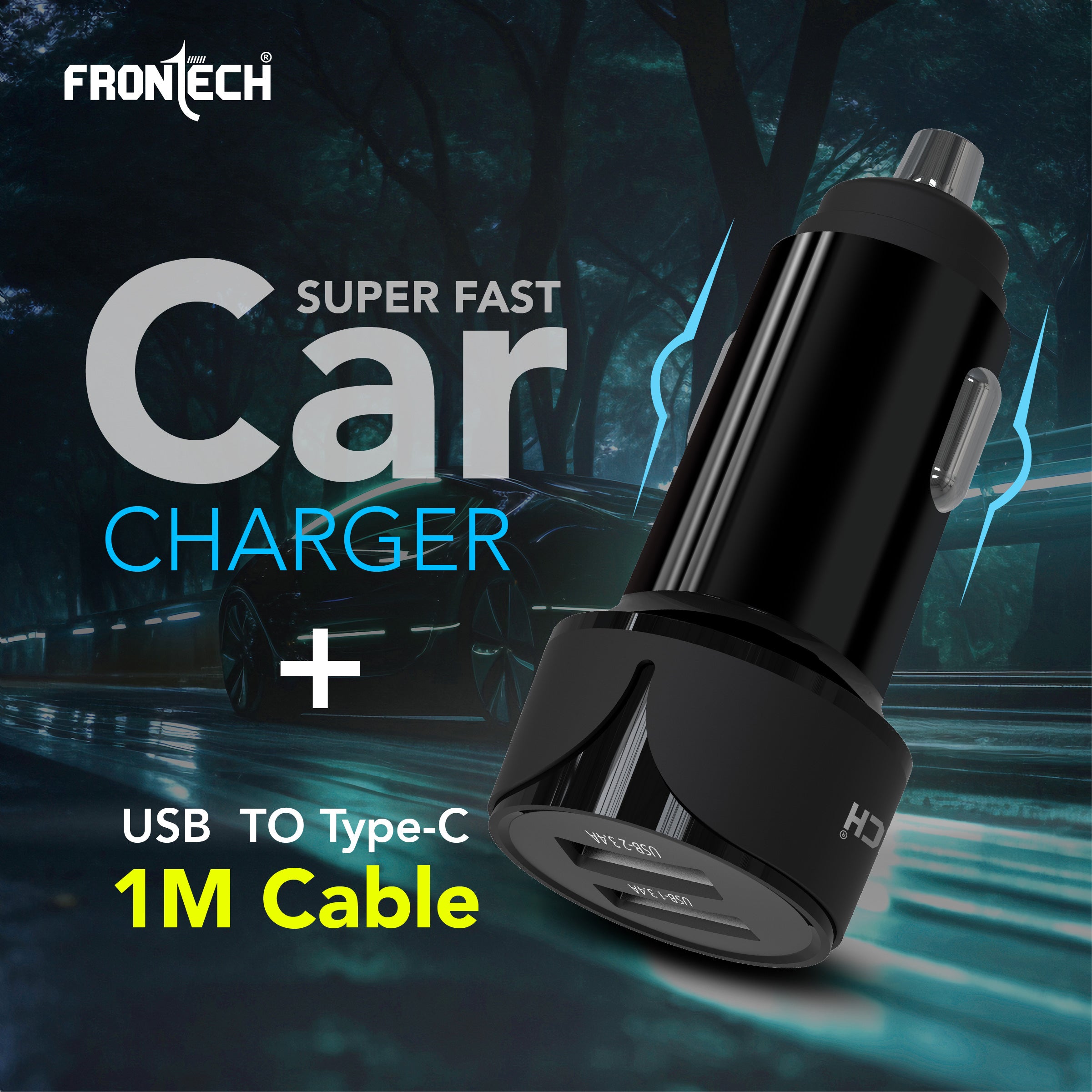 FRONTECH 17W Dual USB Car Charger with 1M Type-C Cable | Fast Charging (5V/3.4A) | Compact, Anti-Vibration Design | Charge 2 Devices Simultaneously (CCH-0008)