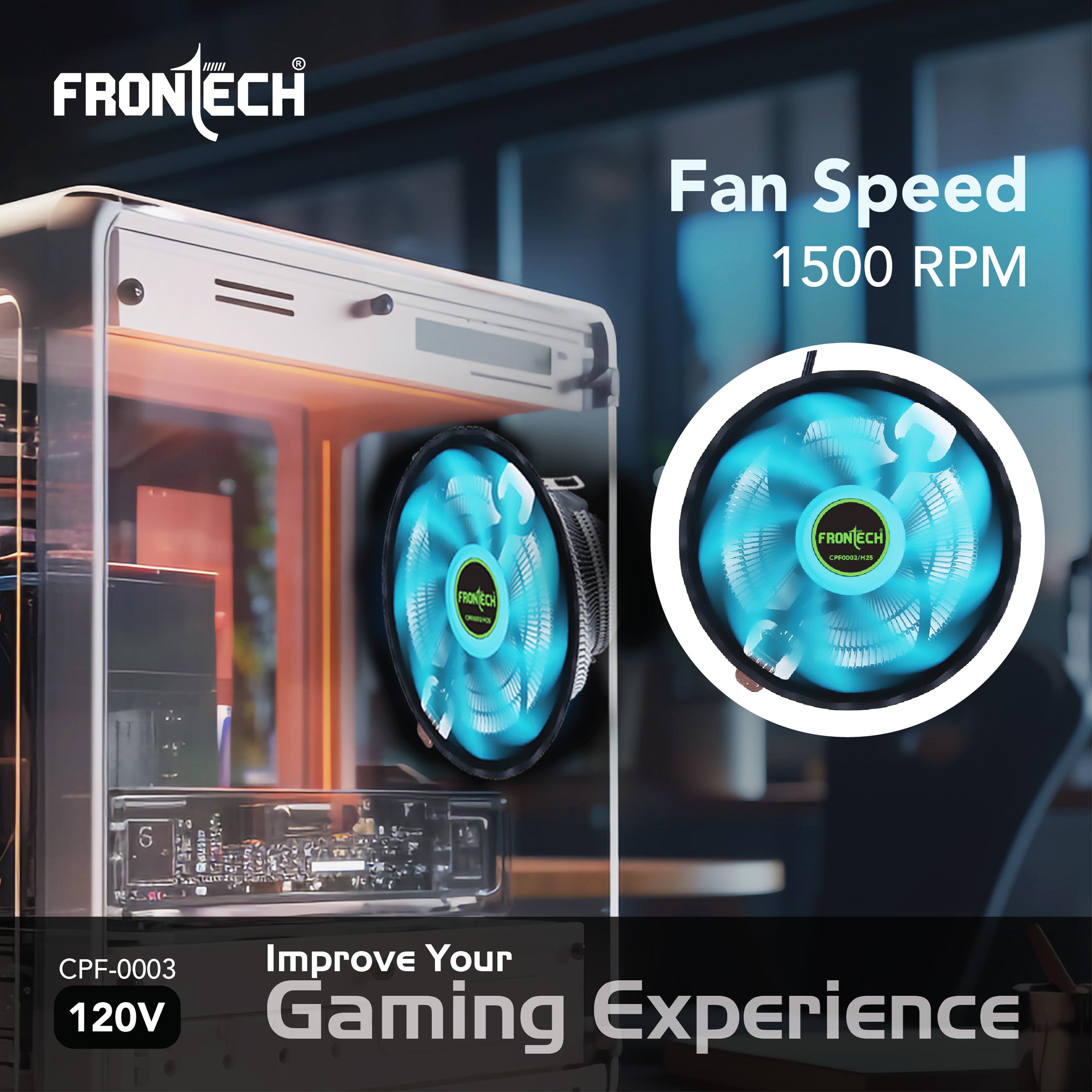 Frontech CPU Cooler with Heatsink, 120mm Fan, 1500 RPM, Silent Operation, 3-Pin 12V Connector, Easy Clip Installation, Supports Intel LGA1700/1200/115x & AMD AM5/AM4/AM3 (CPF-0003)