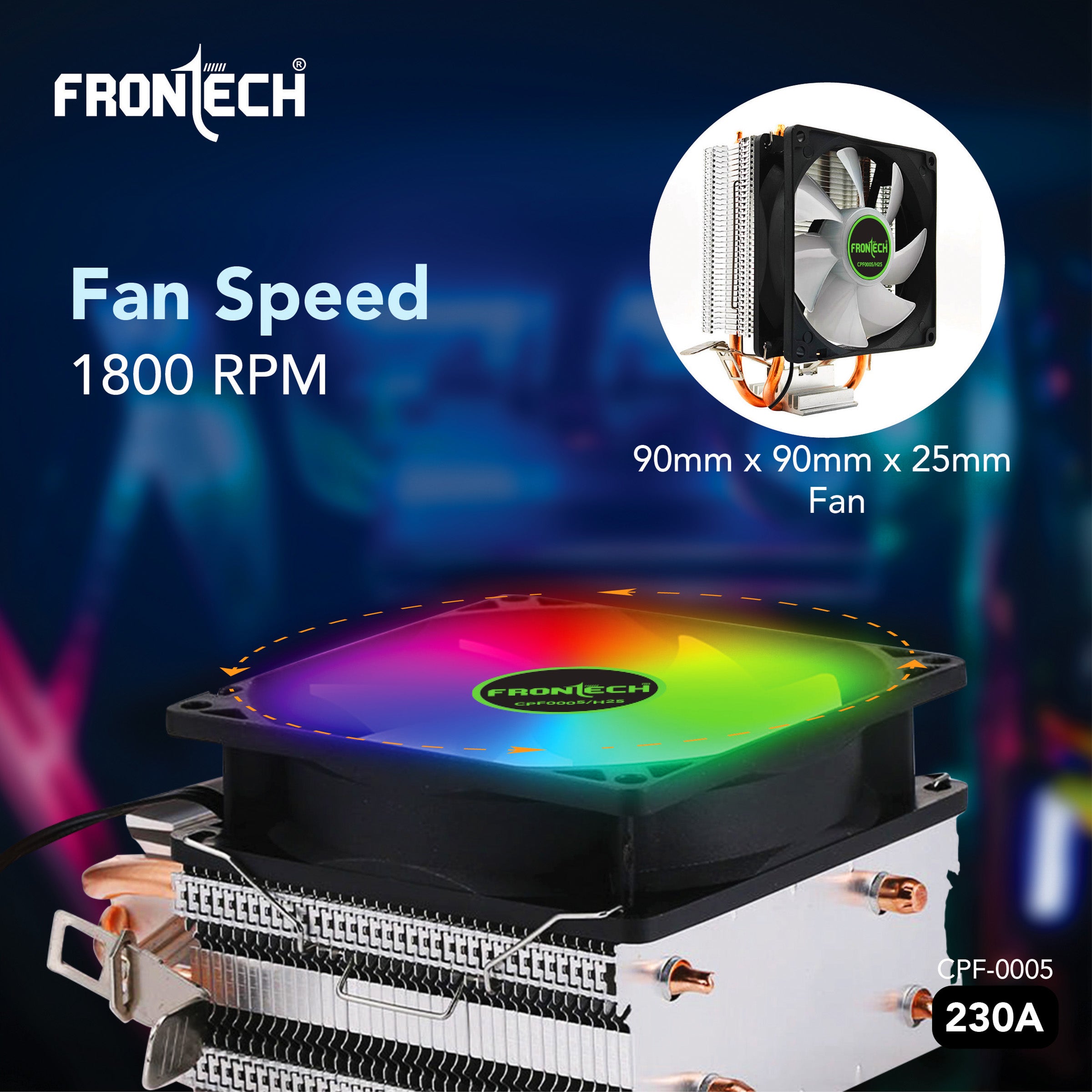 Frontech CPU Air Cooler with RGB Fan | 90mm 1800 RPM | Dual Copper Heat Pipes | Silent Operation | Intel LGA1700/1200/115x & AMD AM5/AM4/AM3 Compatible | Easy Installation | 3-Pin Connector (CPF-0005)
