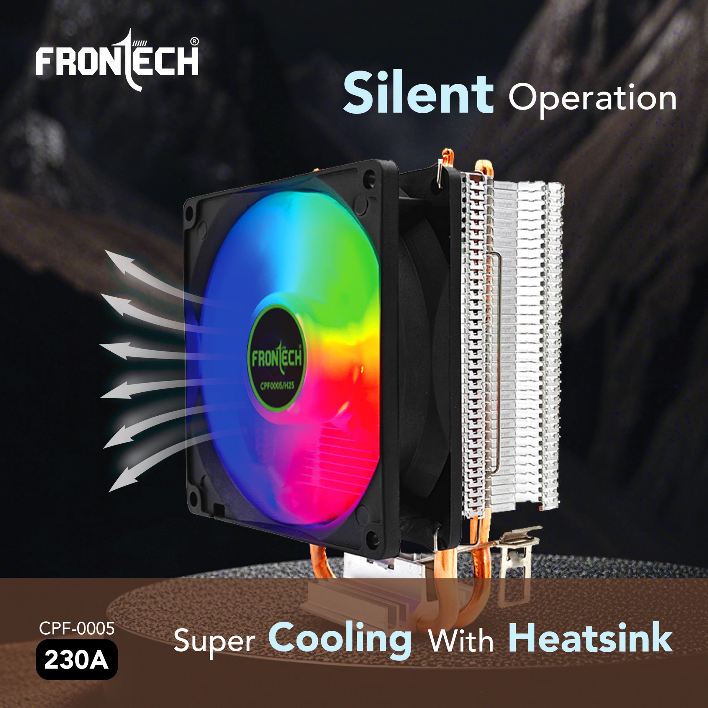 Frontech CPU Air Cooler with RGB Fan | 90mm 1800 RPM | Dual Copper Heat Pipes | Silent Operation | Intel LGA1700/1200/115x & AMD AM5/AM4/AM3 Compatible | Easy Installation | 3-Pin Connector (CPF-0005)