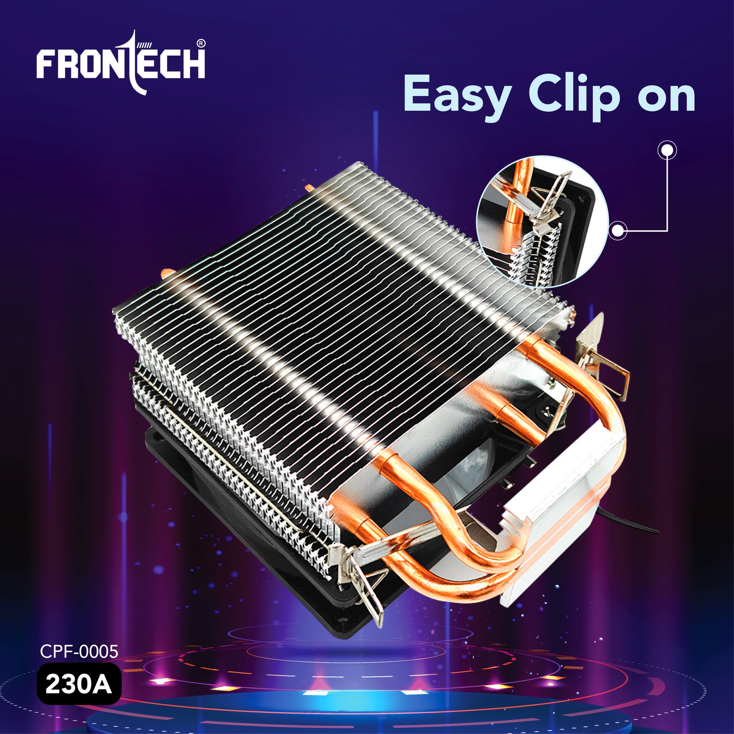 Frontech CPU Air Cooler with RGB Fan | 90mm 1800 RPM | Dual Copper Heat Pipes | Silent Operation | Intel LGA1700/1200/115x & AMD AM5/AM4/AM3 Compatible | Easy Installation | 3-Pin Connector (CPF-0005)