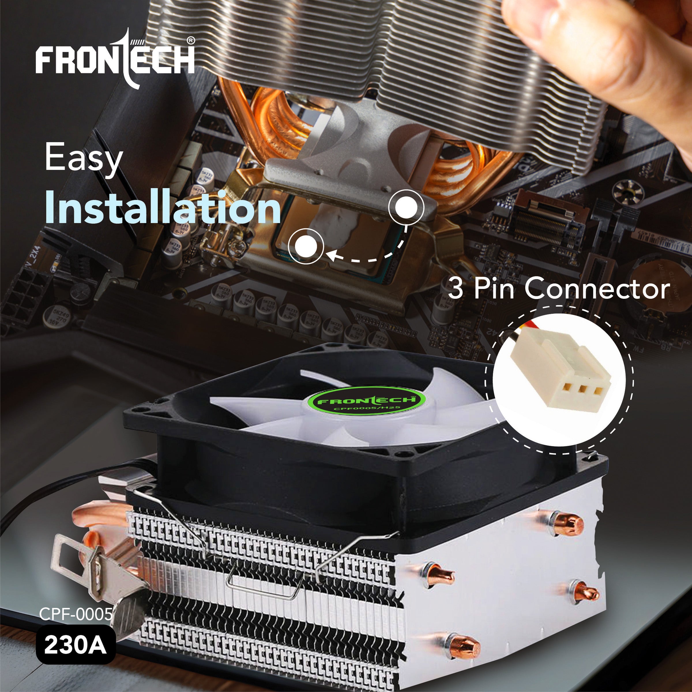 Frontech CPU Air Cooler with RGB Fan | 90mm 1800 RPM | Dual Copper Heat Pipes | Silent Operation | Intel LGA1700/1200/115x & AMD AM5/AM4/AM3 Compatible | Easy Installation | 3-Pin Connector (CPF-0005)