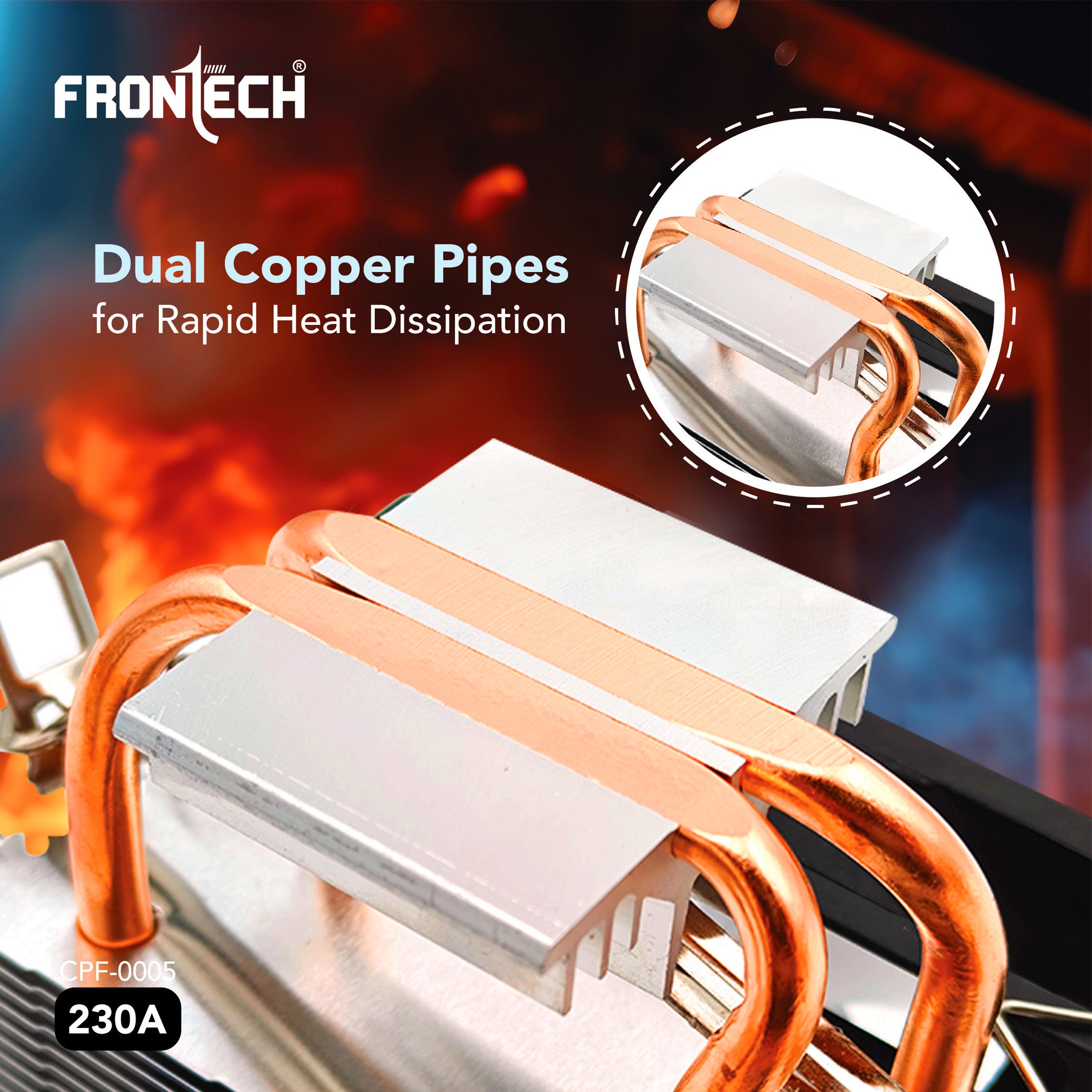 Frontech CPU Air Cooler with RGB Fan | 90mm 1800 RPM | Dual Copper Heat Pipes | Silent Operation | Intel LGA1700/1200/115x & AMD AM5/AM4/AM3 Compatible | Easy Installation | 3-Pin Connector (CPF-0005)