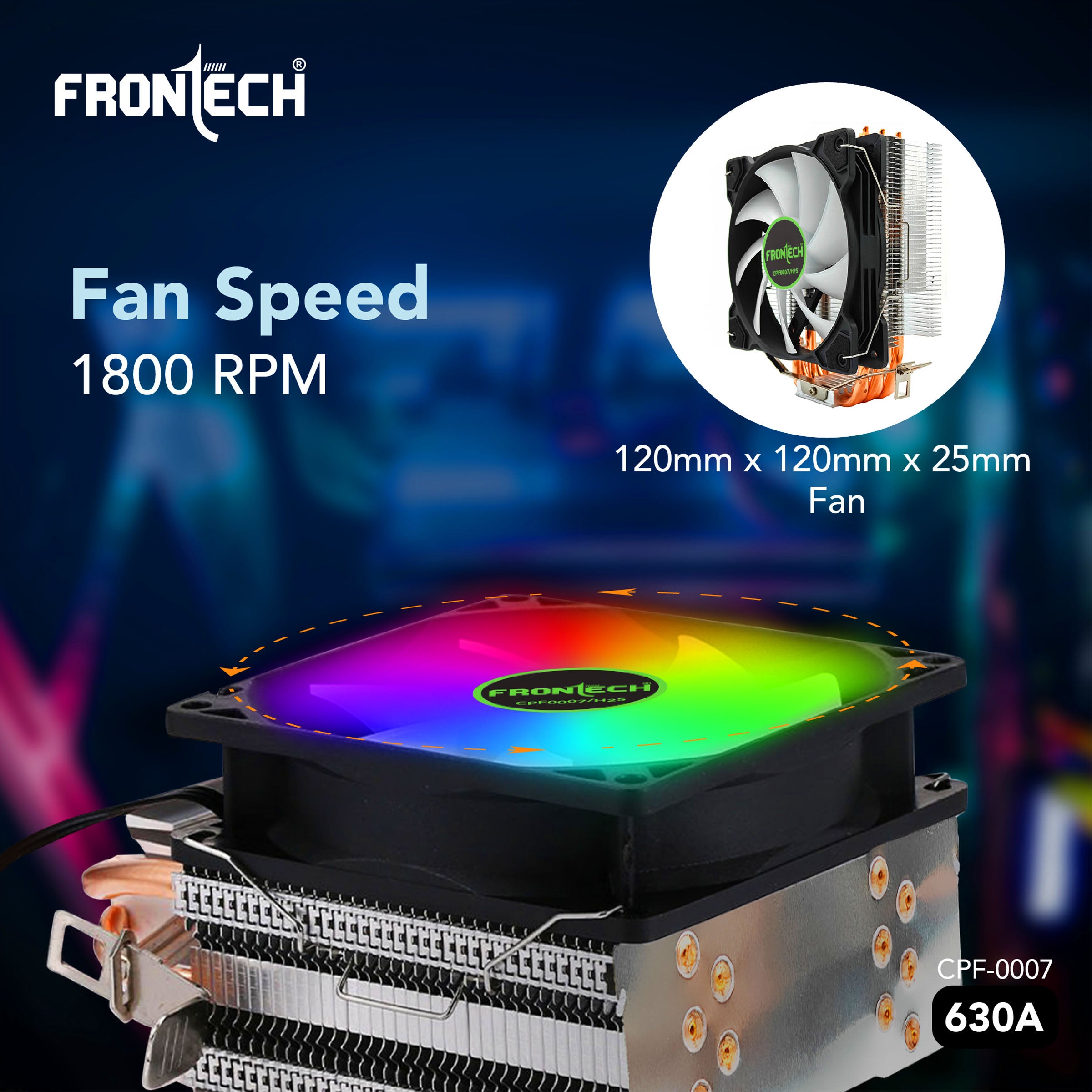 Frontech 630A CPU Air Cooler | 6 Copper Heat Pipes, 120mm RGB Fan, 1800 RPM | Supports LGA 1700 & AM5 | PWM 4-Pin + ARGB 3-Pin | Super Silent Cooling with Heatsink (CPF-0007)