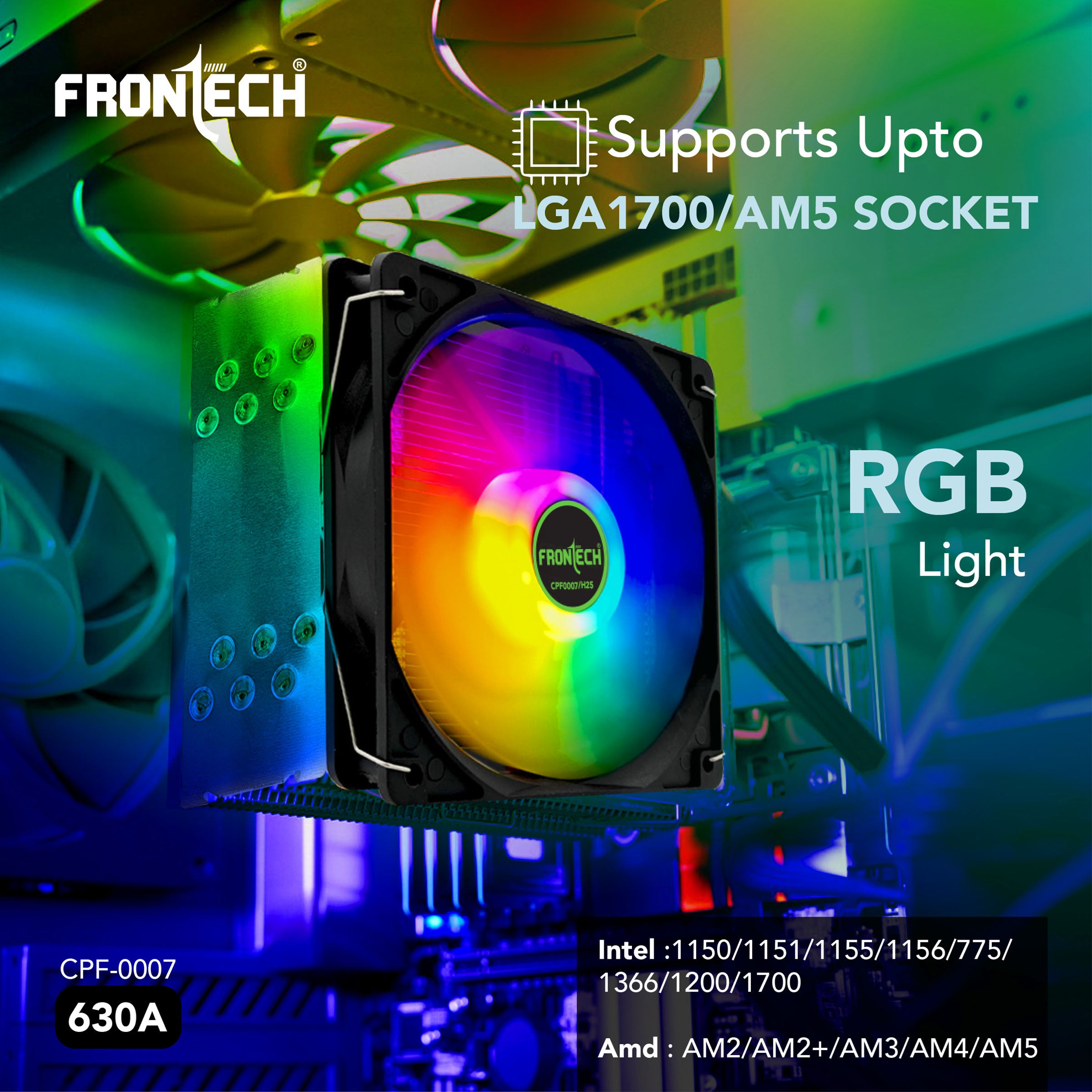 Frontech 630A CPU Air Cooler | 6 Copper Heat Pipes, 120mm RGB Fan, 1800 RPM | Supports LGA 1700 & AM5 | PWM 4-Pin + ARGB 3-Pin | Super Silent Cooling with Heatsink (CPF-0007)