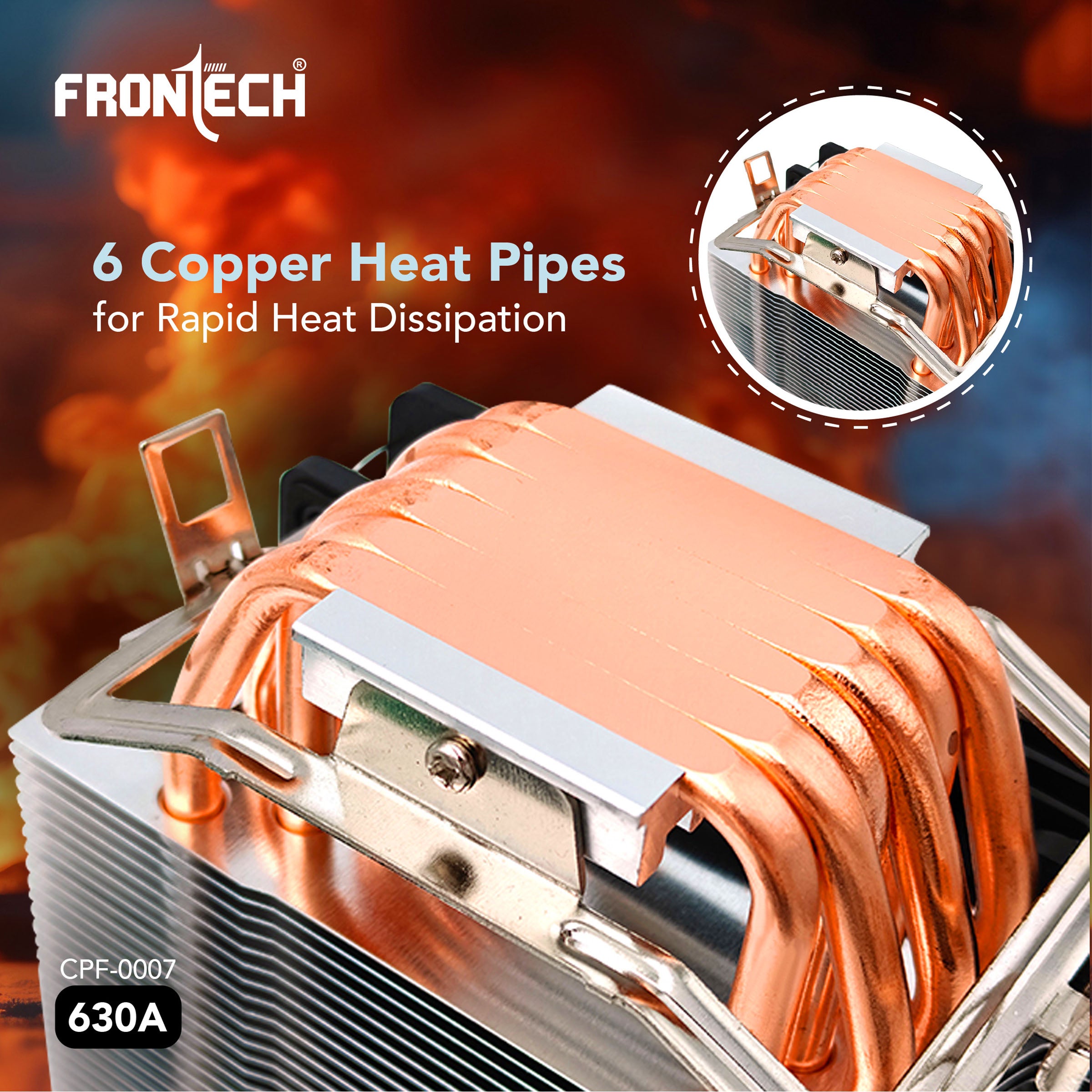 Frontech 630A CPU Air Cooler | 6 Copper Heat Pipes, 120mm RGB Fan, 1800 RPM | Supports LGA 1700 & AM5 | PWM 4-Pin + ARGB 3-Pin | Super Silent Cooling with Heatsink (CPF-0007)