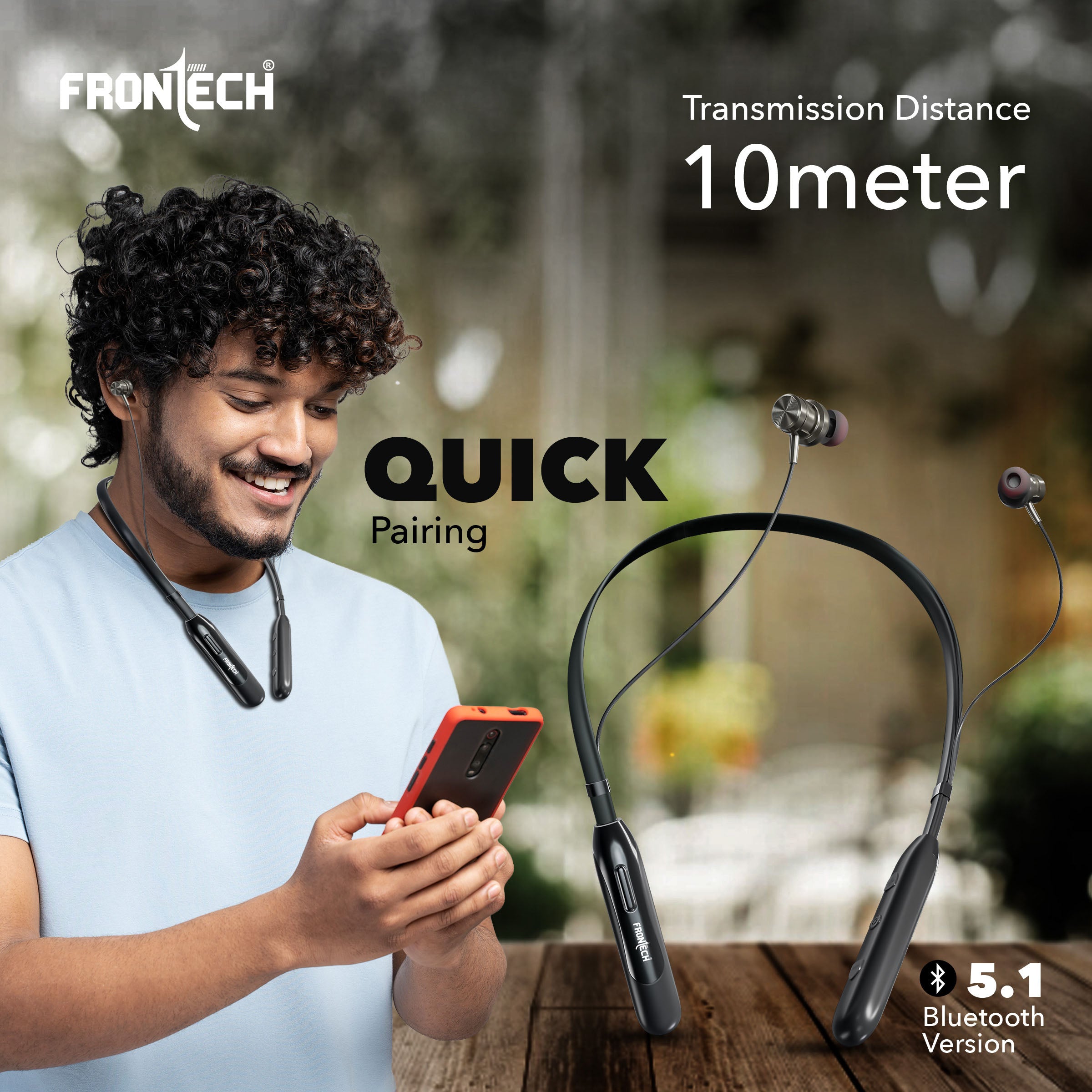 Frontech Wireless Neckband | 25H Playback | Bluetooth 5.1 | 10m Range | Magnetic Earbuds | 1Hr Fast Type-C Charging (EF-0076)
