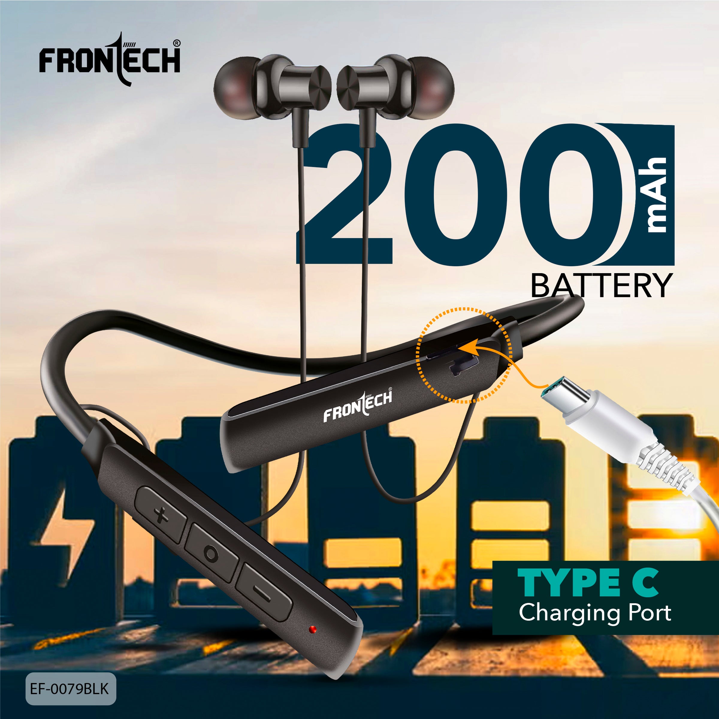 FRONTECH ELYX Wireless Neckband for Active Lifestyle | 36 Hours Playtime | Secure Fit Magnetic Earbuds | Quick Pairing Bluetooth 5.0 | Type-C Charging Port (EF-0079BLK)