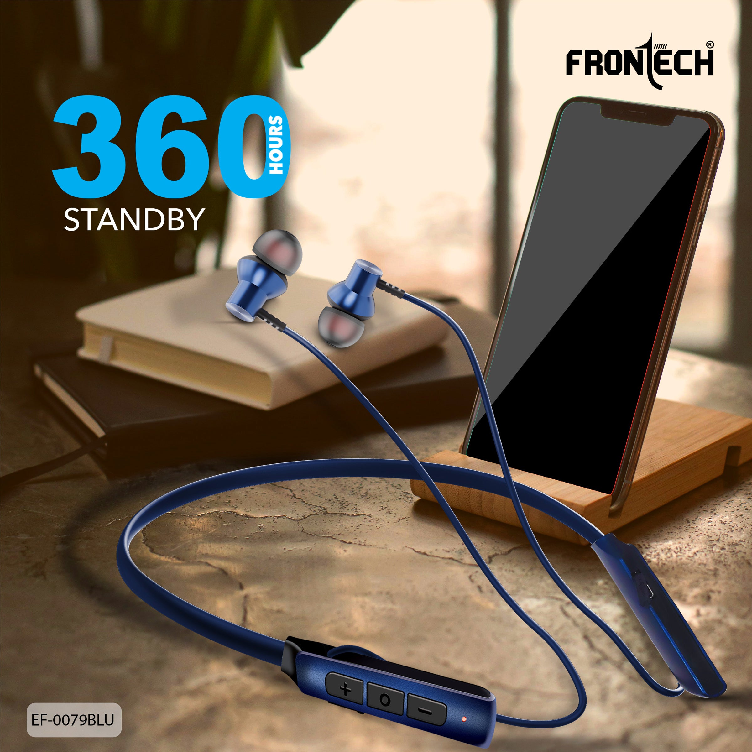 Frontech ELYX Wireless Bluetooth 5.0 Neckband Earphones | 36H Playtime, 360H Standby, Type-C Fast Charging, Magnetic Earbuds, 200mAh Battery, Deep Bass, Sweat-Resistant Sports Headset (EF-0079BLU).
