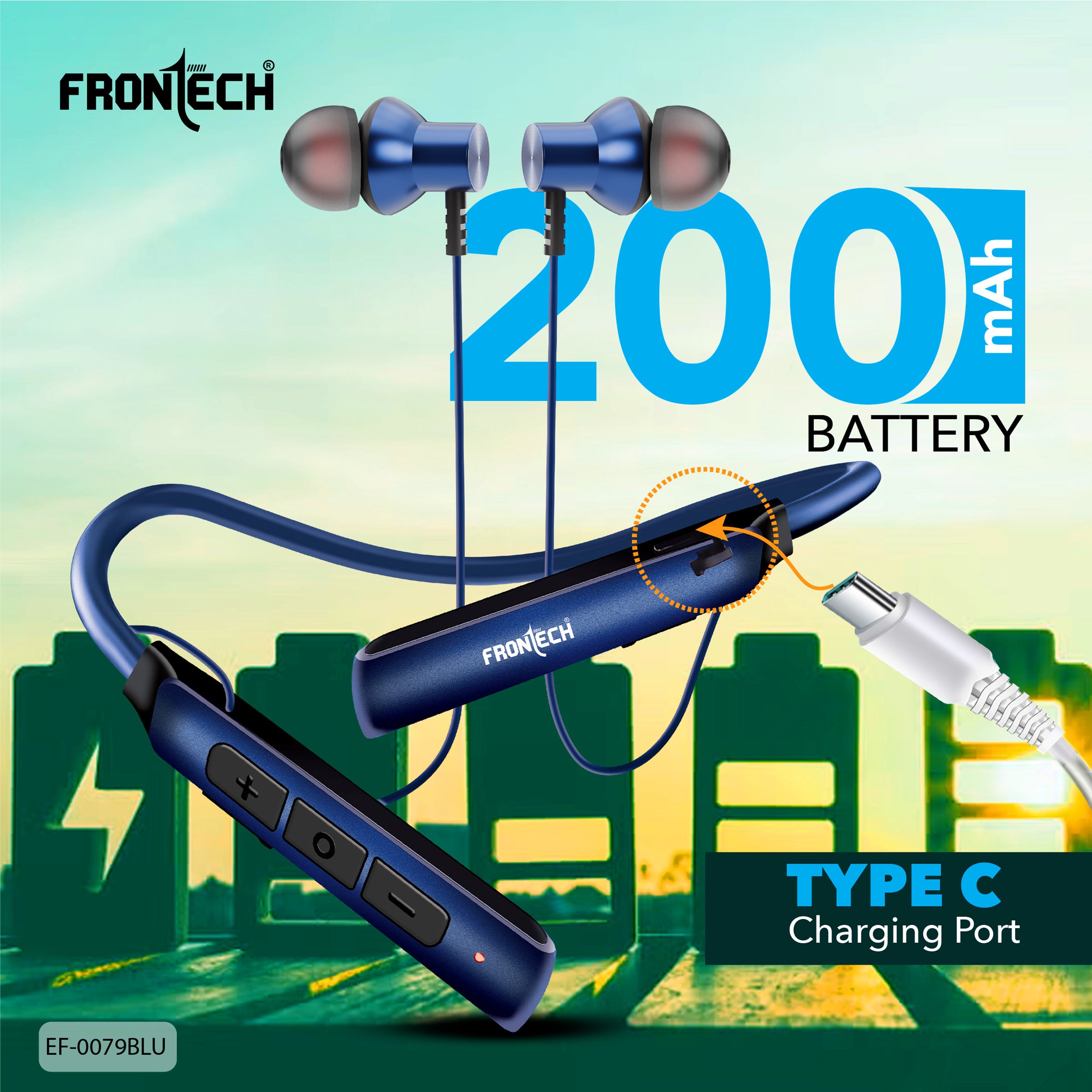 Frontech ELYX Wireless Bluetooth 5.0 Neckband Earphones | 36H Playtime, 360H Standby, Type-C Fast Charging, Magnetic Earbuds, 200mAh Battery, Deep Bass, Sweat-Resistant Sports Headset (EF-0079BLU).