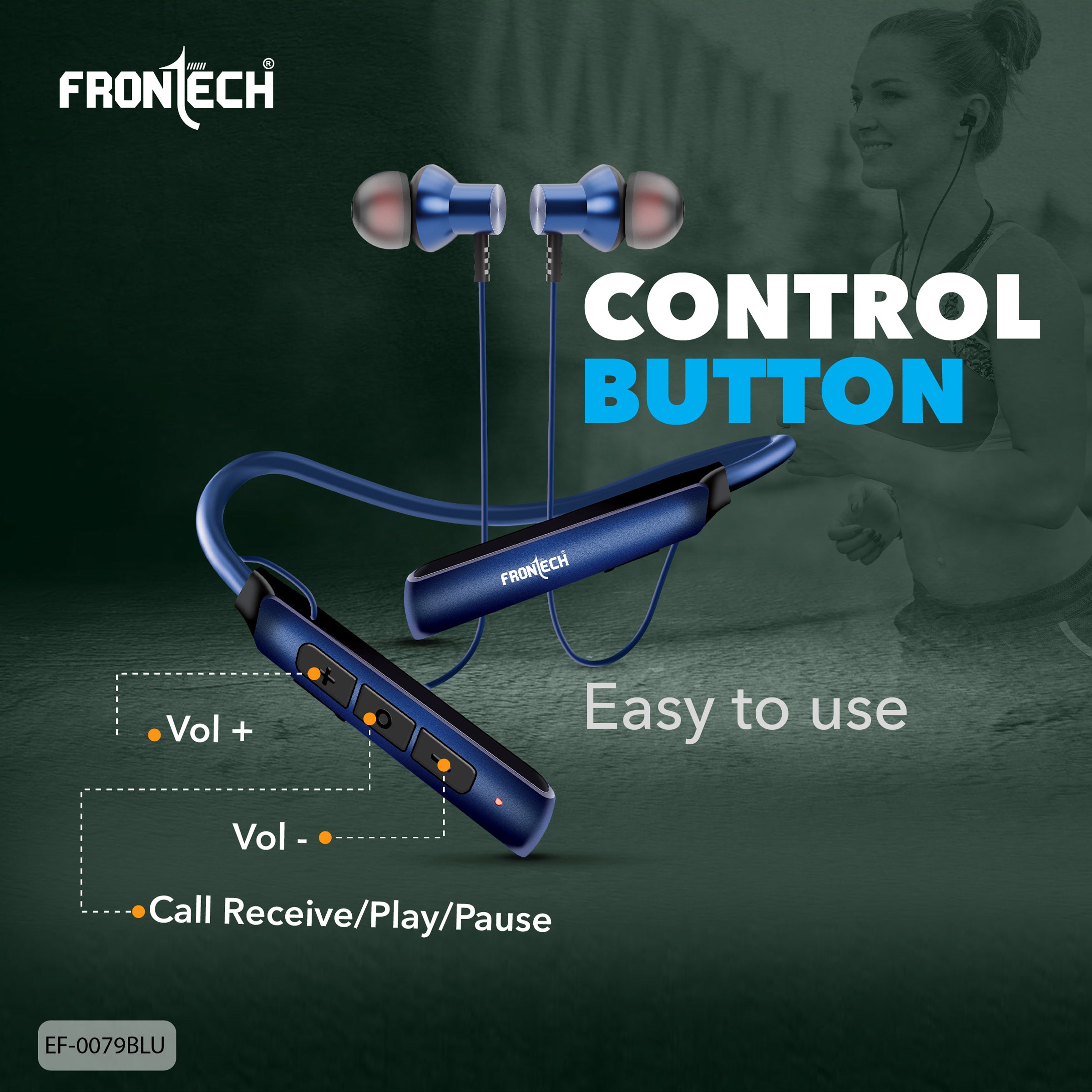 Frontech ELYX Wireless Bluetooth 5.0 Neckband Earphones | 36H Playtime, 360H Standby, Type-C Fast Charging, Magnetic Earbuds, 200mAh Battery, Deep Bass, Sweat-Resistant Sports Headset (EF-0079BLU).