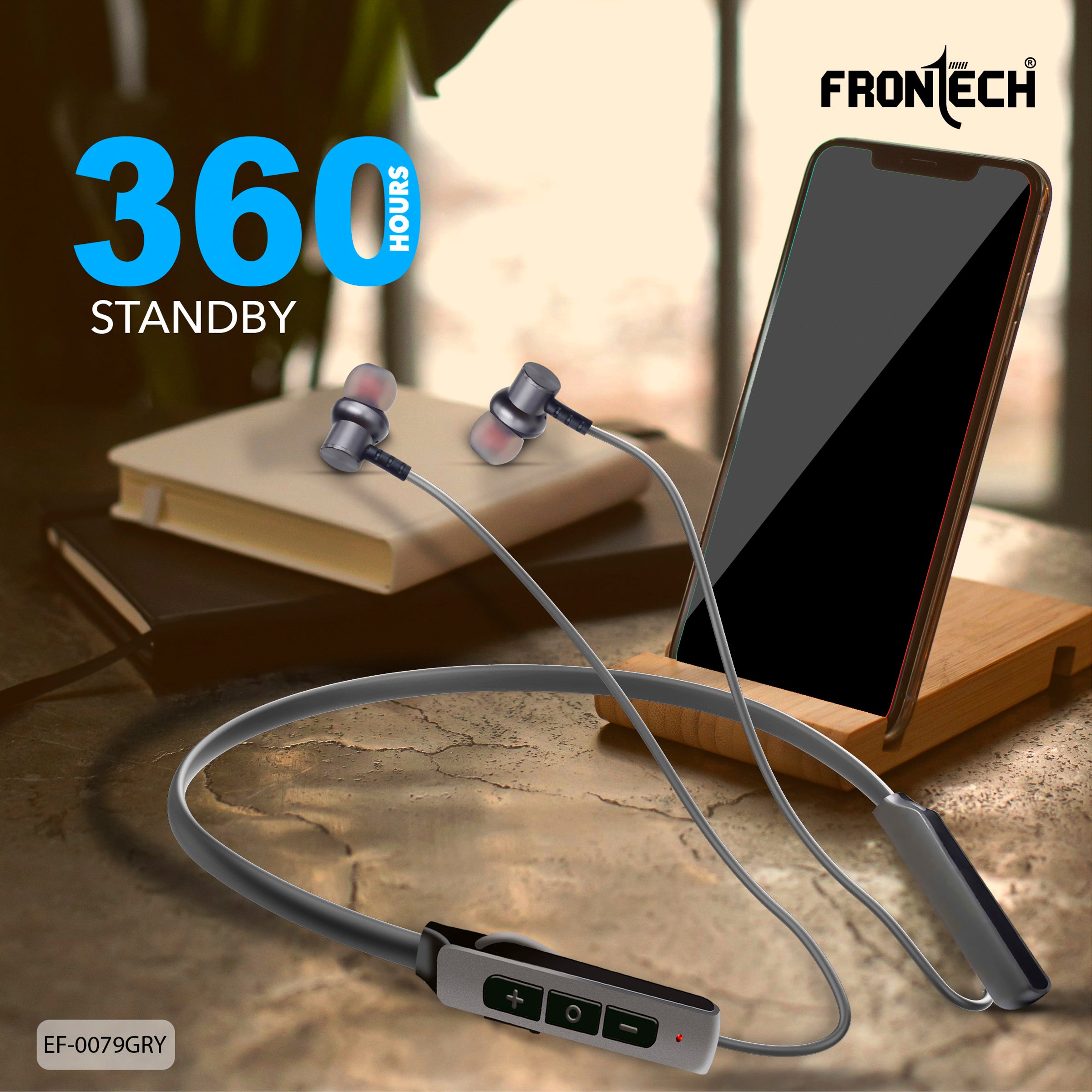 Frontech Wireless Neckband Earphones | Bluetooth 5.0 | 36H Playback, 360H Standby | Magnetic Earbuds | Type-C Fast Charging | 200mAh Battery | Sports & Running Headphones with Mic (EF-0079GRY)