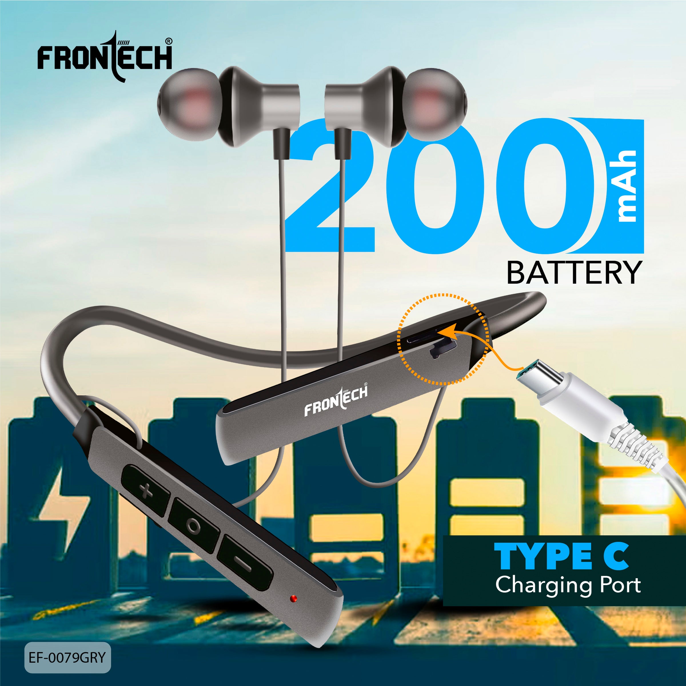 Frontech Wireless Neckband Earphones | Bluetooth 5.0 | 36H Playback, 360H Standby | Magnetic Earbuds | Type-C Fast Charging | 200mAh Battery | Sports & Running Headphones with Mic (EF-0079GRY)