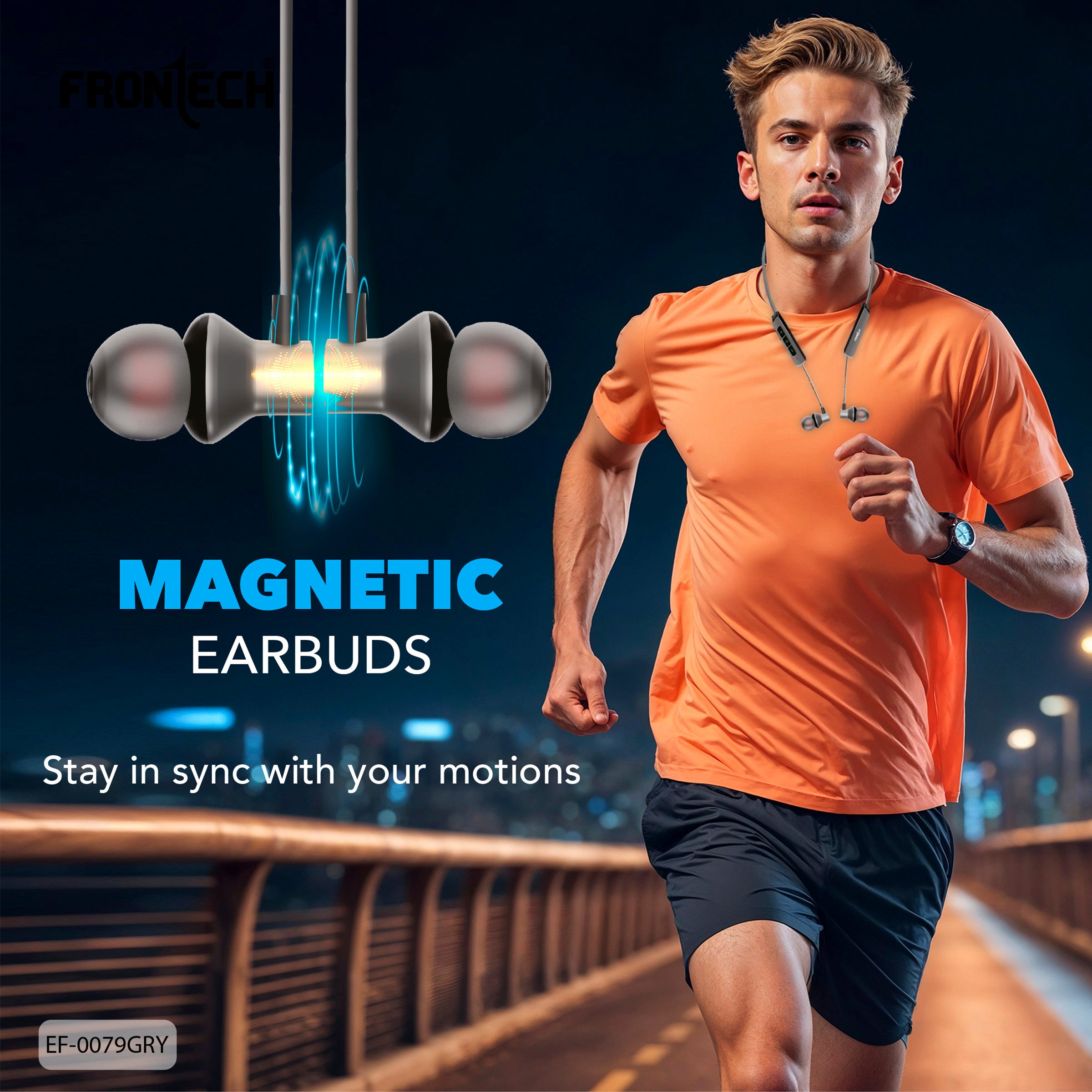 Frontech Wireless Neckband Earphones | Bluetooth 5.0 | 36H Playback, 360H Standby | Magnetic Earbuds | Type-C Fast Charging | 200mAh Battery | Sports & Running Headphones with Mic (EF-0079GRY)