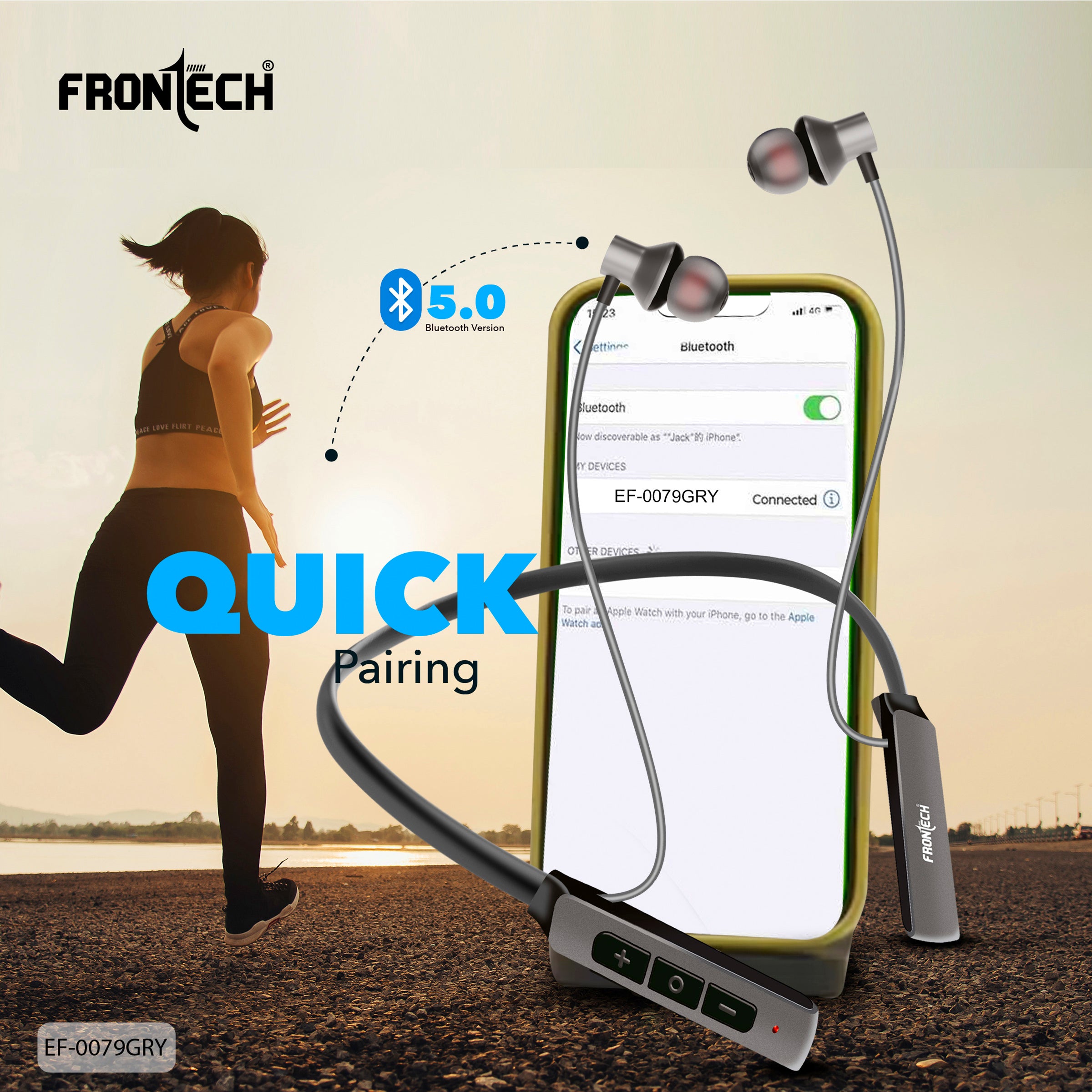 Frontech Wireless Neckband Earphones | Bluetooth 5.0 | 36H Playback, 360H Standby | Magnetic Earbuds | Type-C Fast Charging | 200mAh Battery | Sports & Running Headphones with Mic (EF-0079GRY)