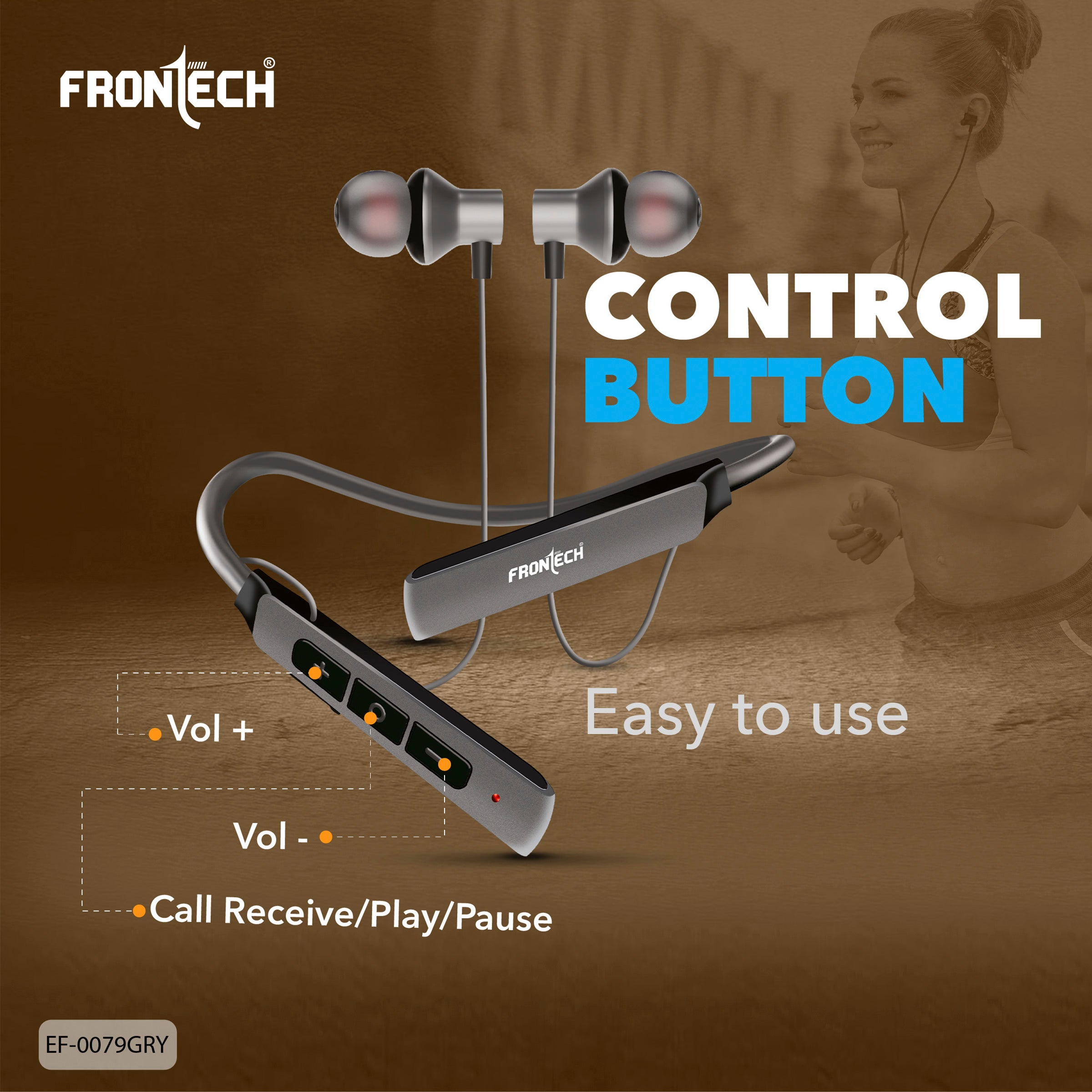 Frontech Wireless Neckband Earphones | Bluetooth 5.0 | 36H Playback, 360H Standby | Magnetic Earbuds | Type-C Fast Charging | 200mAh Battery | Sports & Running Headphones with Mic (EF-0079GRY)