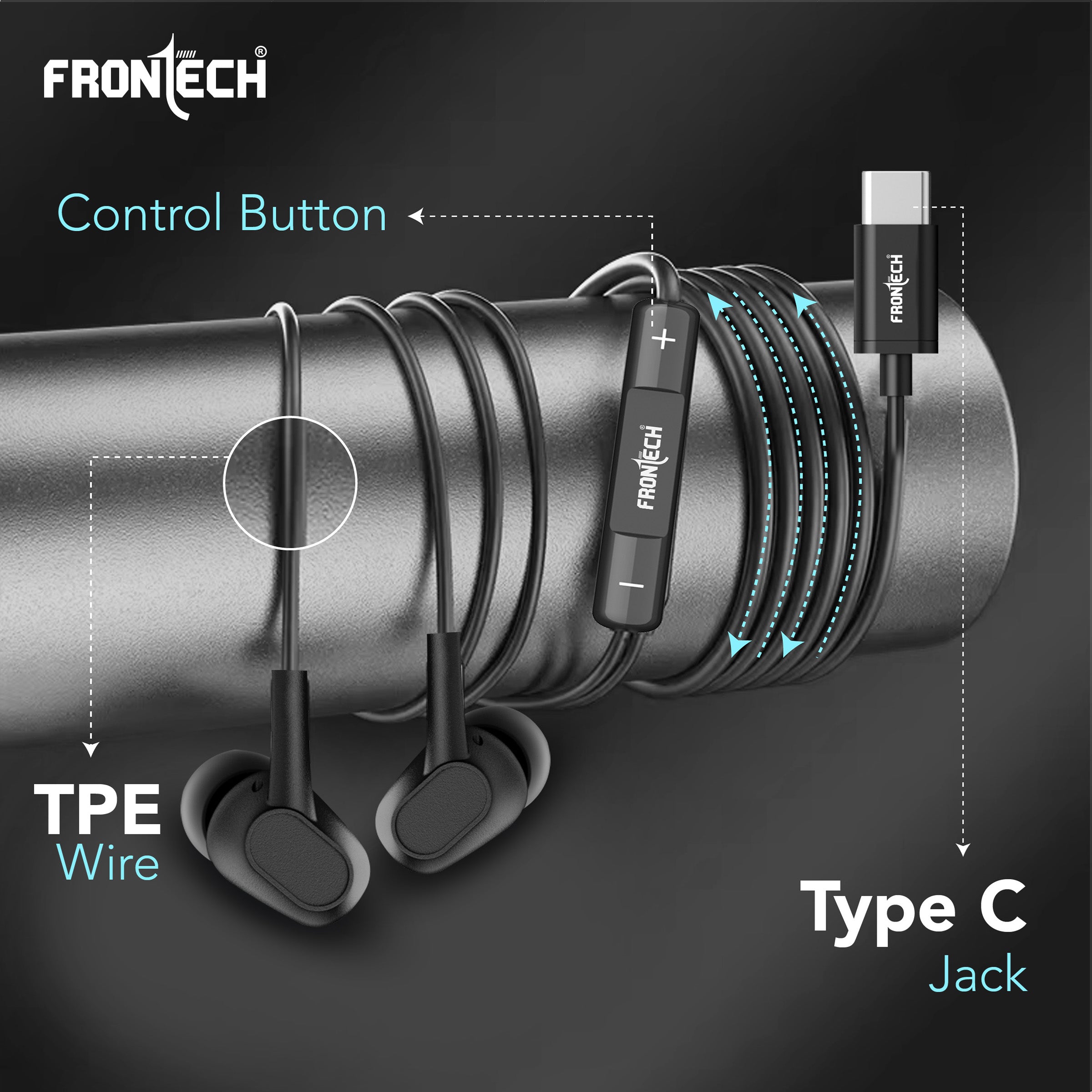 Frontech Wired Multimedia Earphone with Type-C Jack | 10mm Driver | HD Sound | Super Bass | Tangle-Free TPE Cable | In-line Mic & Volume Control | Extra Earbuds | Wide Compatibility (EF-0083)