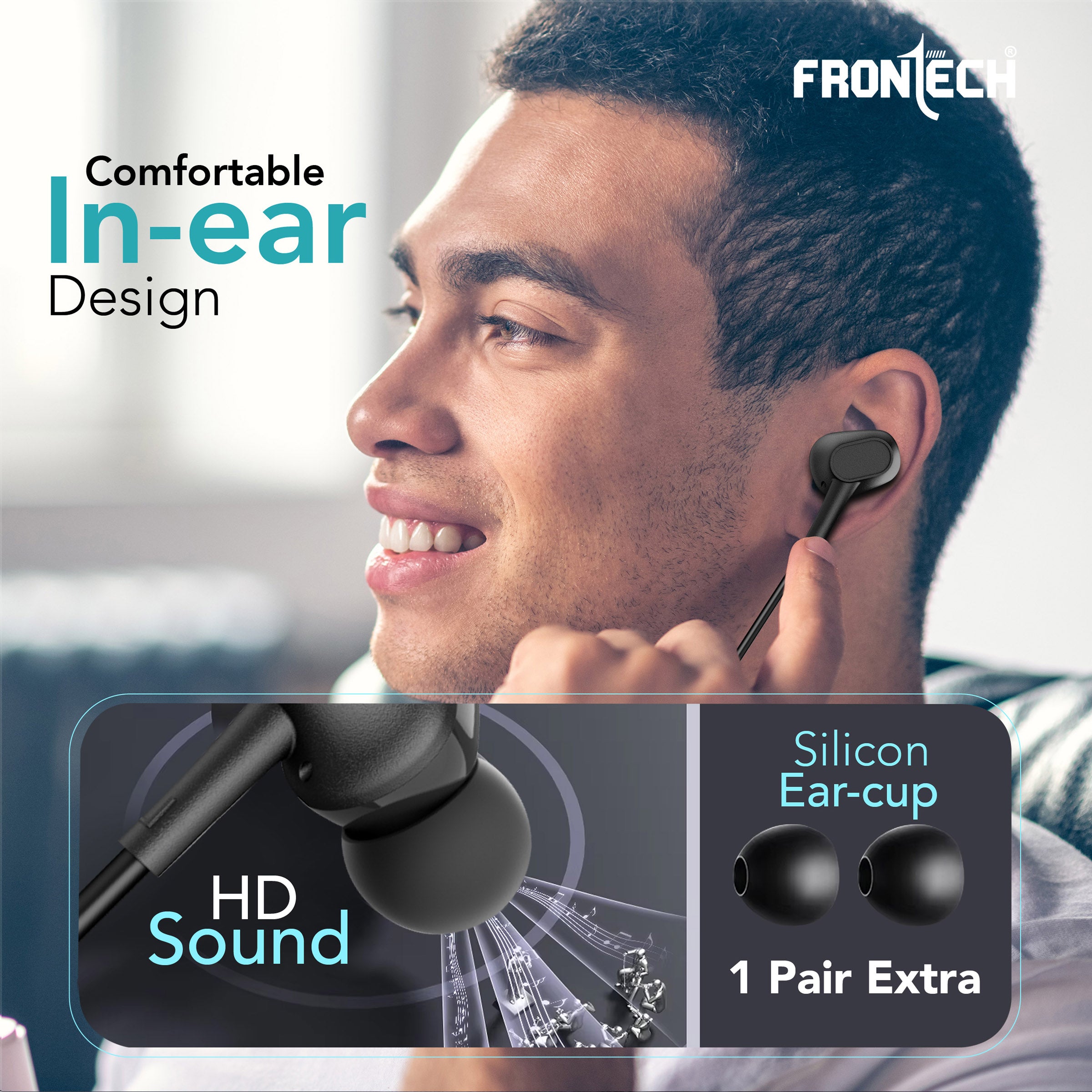 Frontech Wired Multimedia Earphone with Type-C Jack | 10mm Driver | HD Sound | Super Bass | Tangle-Free TPE Cable | In-line Mic & Volume Control | Extra Earbuds | Wide Compatibility (EF-0083)