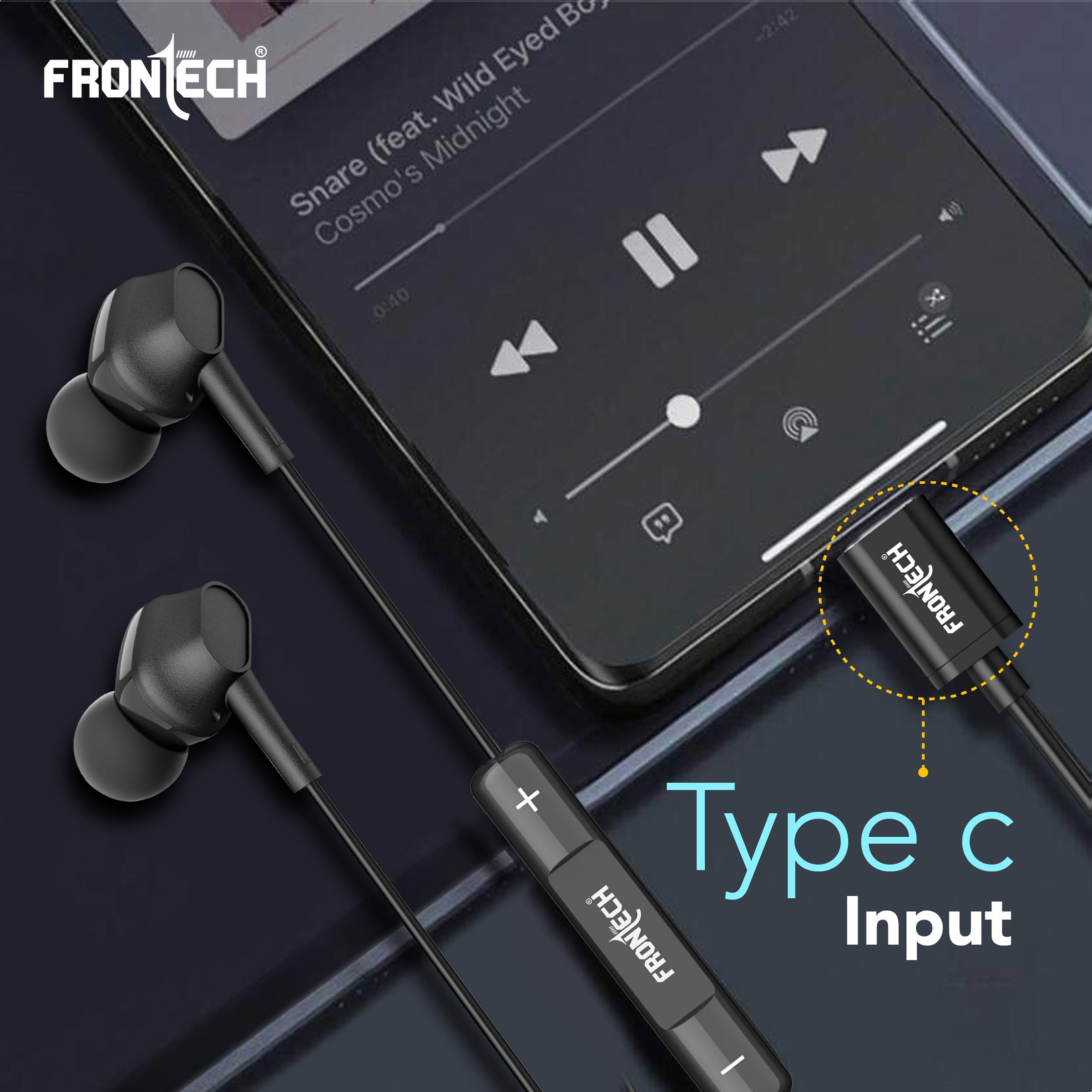 Frontech Wired Multimedia Earphone with Type-C Jack | 10mm Driver | HD Sound | Super Bass | Tangle-Free TPE Cable | In-line Mic & Volume Control | Extra Earbuds | Wide Compatibility (EF-0083)