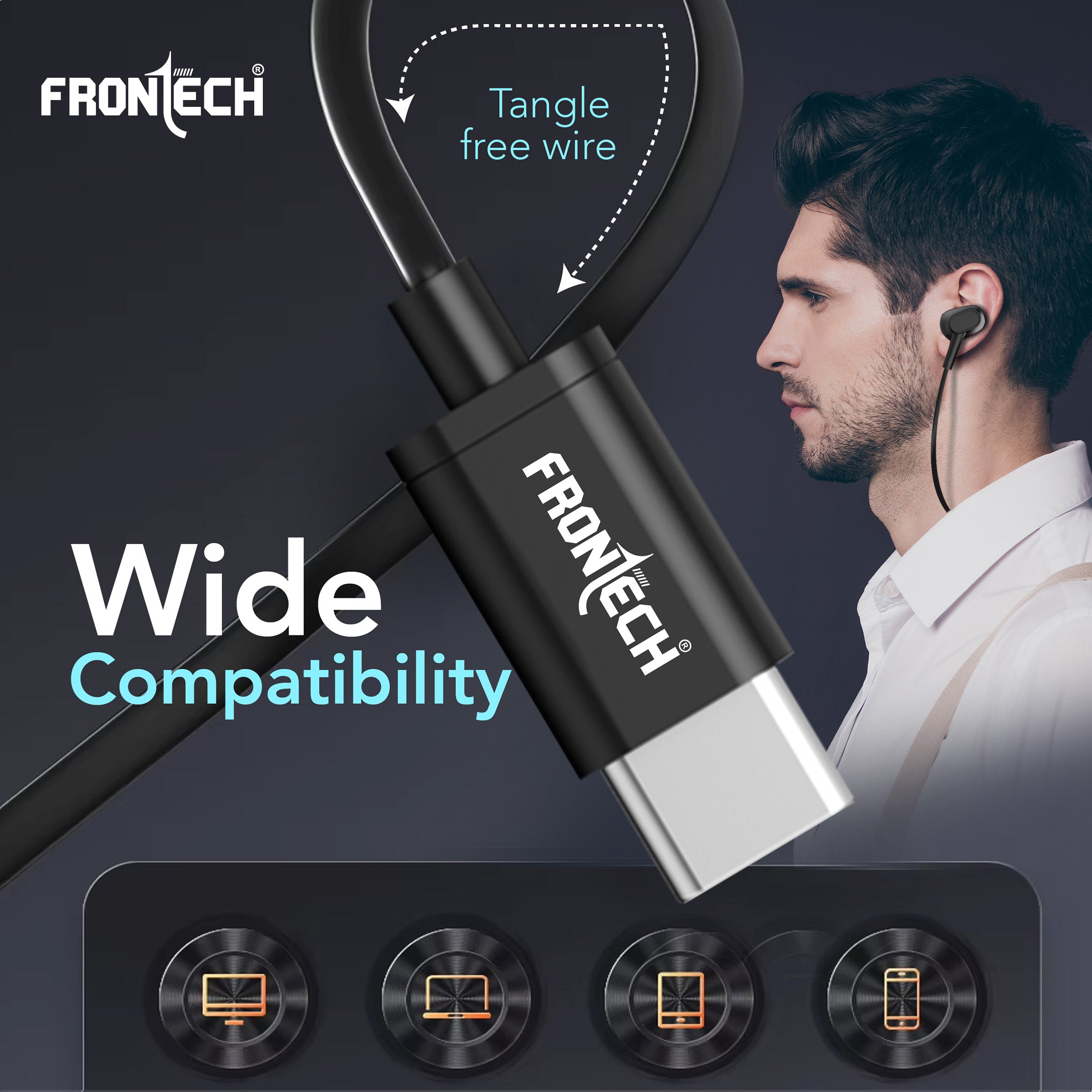 Frontech Wired Multimedia Earphone with Type-C Jack | 10mm Driver | HD Sound | Super Bass | Tangle-Free TPE Cable | In-line Mic & Volume Control | Extra Earbuds | Wide Compatibility (EF-0083)