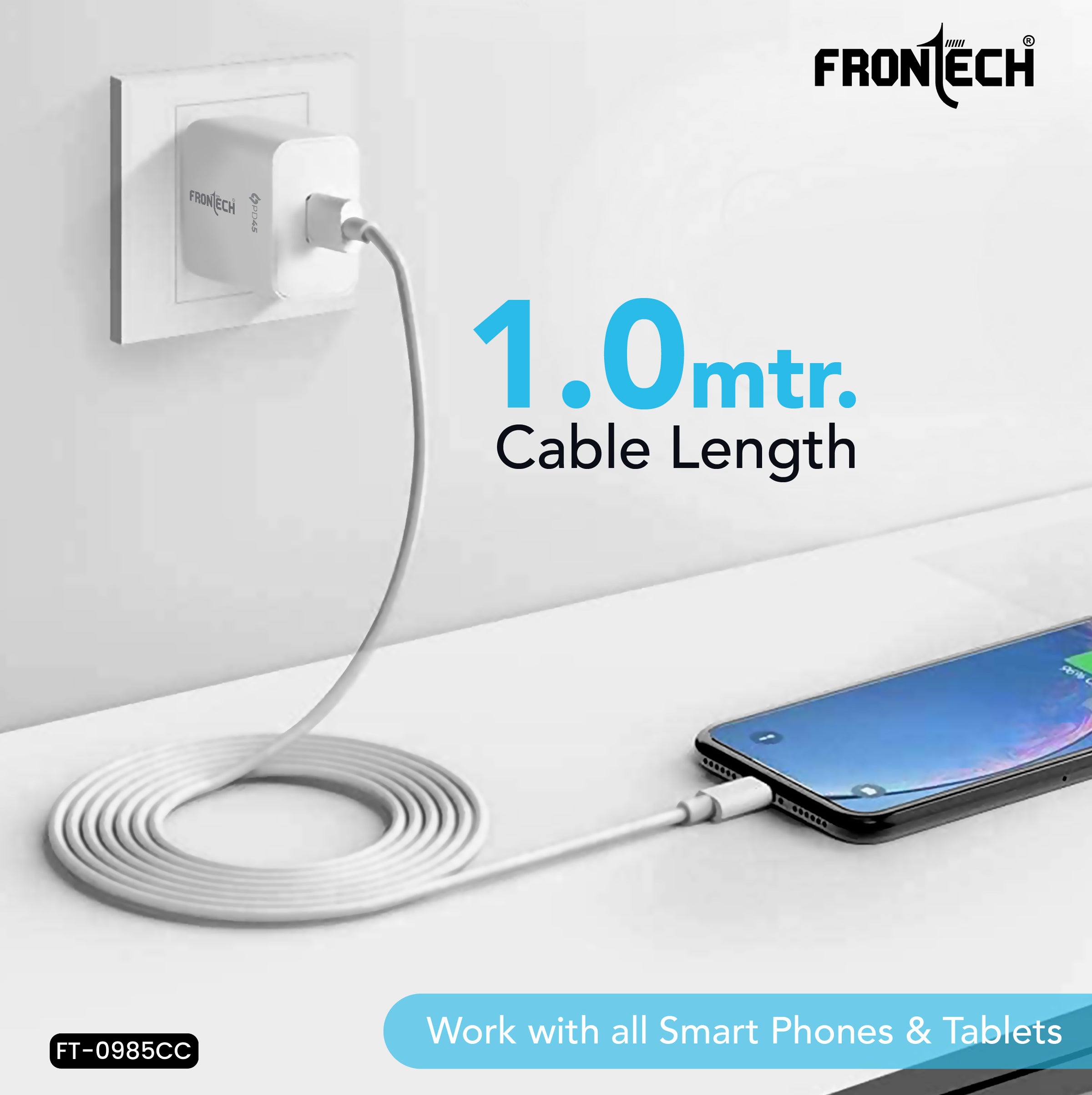 Frontech 45W PD/PPS Type-C Super-Fast Wall Charger | 1m Type-C Cable | Short Circuit Protection | Smart Chip | Compatible with Smartphones & Tablets (FT-0985CC)