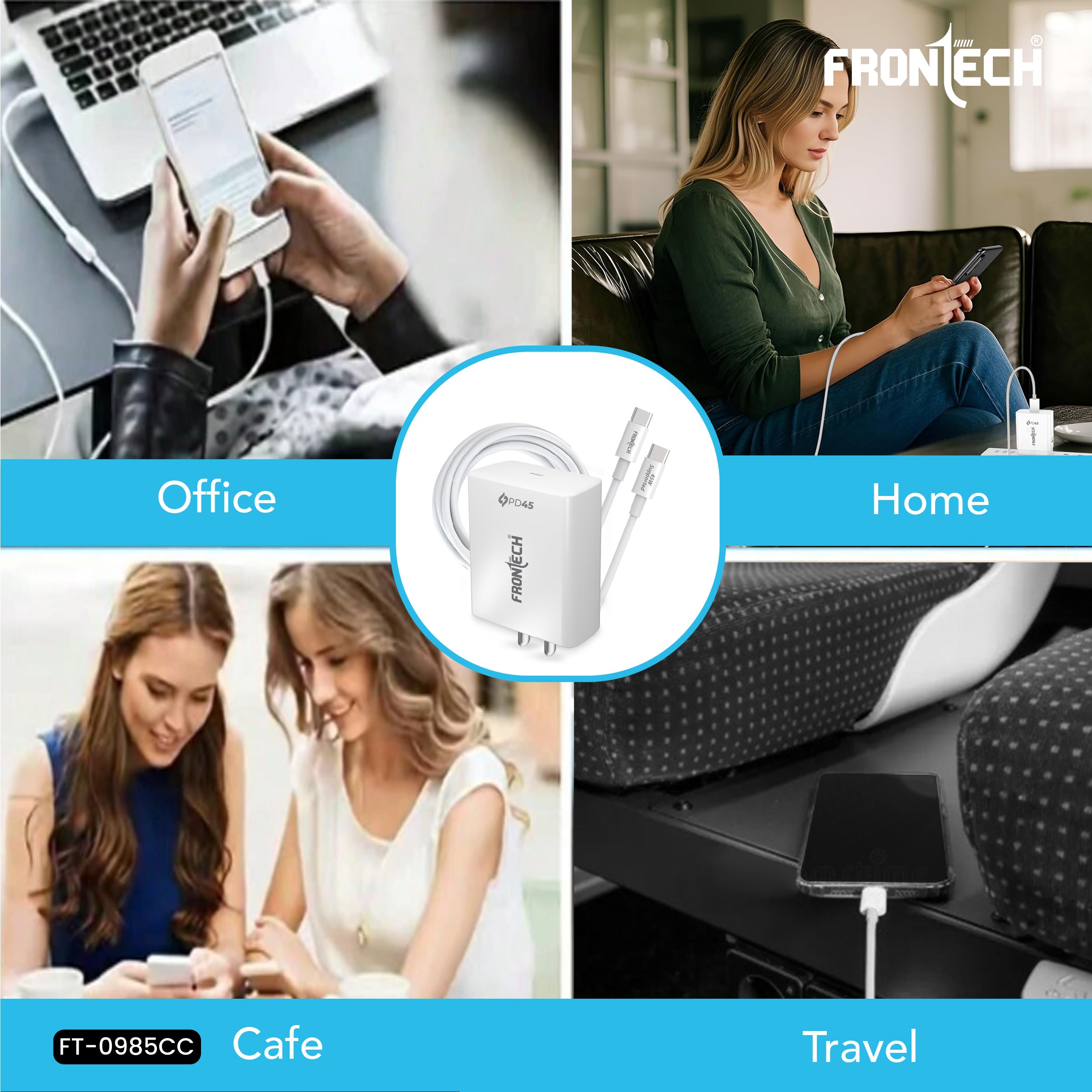 Frontech 45W PD/PPS Type-C Super-Fast Wall Charger | 1m Type-C Cable | Short Circuit Protection | Smart Chip | Compatible with Smartphones & Tablets (FT-0985CC)