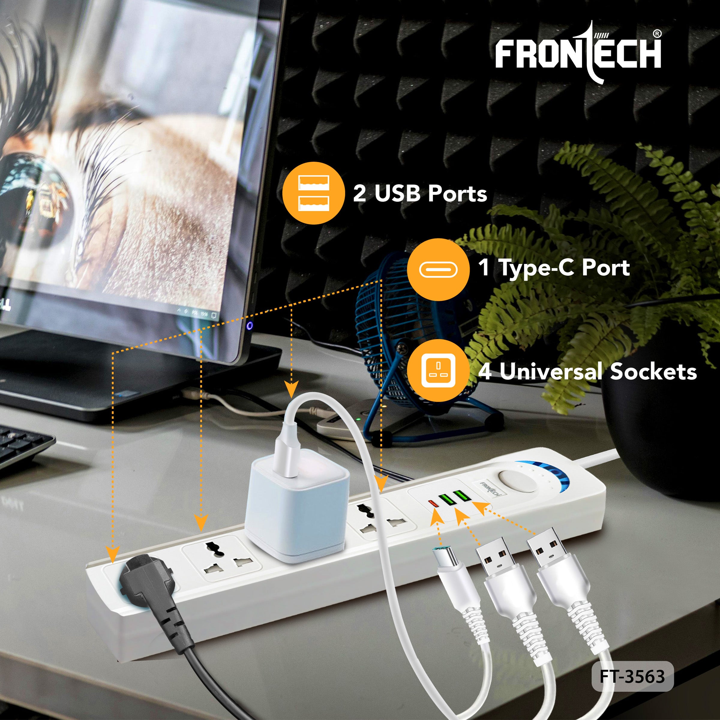 Frontech Power Extension Socket with 4 Universal Sockets, 2 USB Ports & 1 Type-C Port | 5M Cable | Fireproof & Heat Resistant | Power Safety Switch & Wall Mount Option (FT-3563)