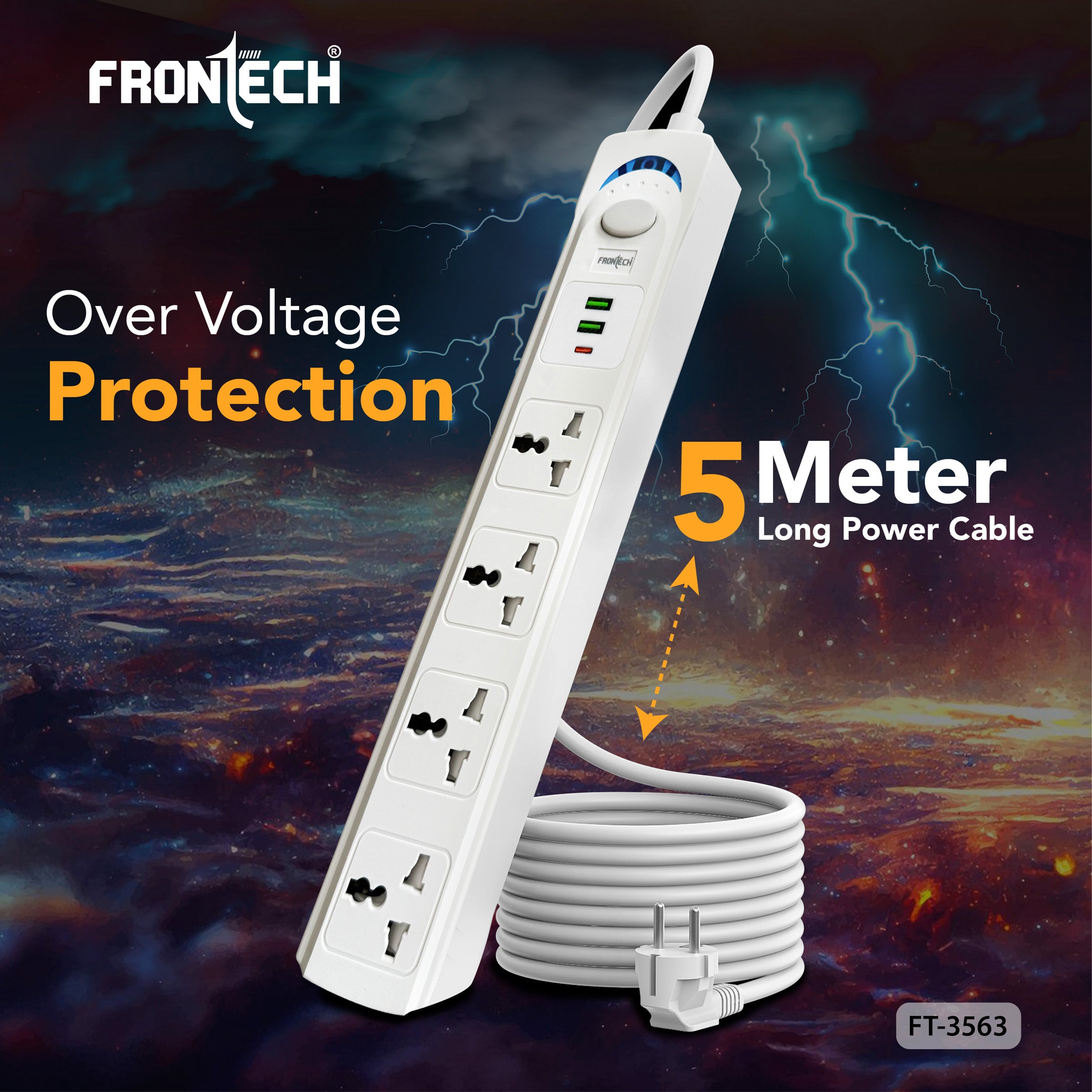 Frontech Power Extension Socket with 4 Universal Sockets, 2 USB Ports & 1 Type-C Port | 5M Cable | Fireproof & Heat Resistant | Power Safety Switch & Wall Mount Option (FT-3563)