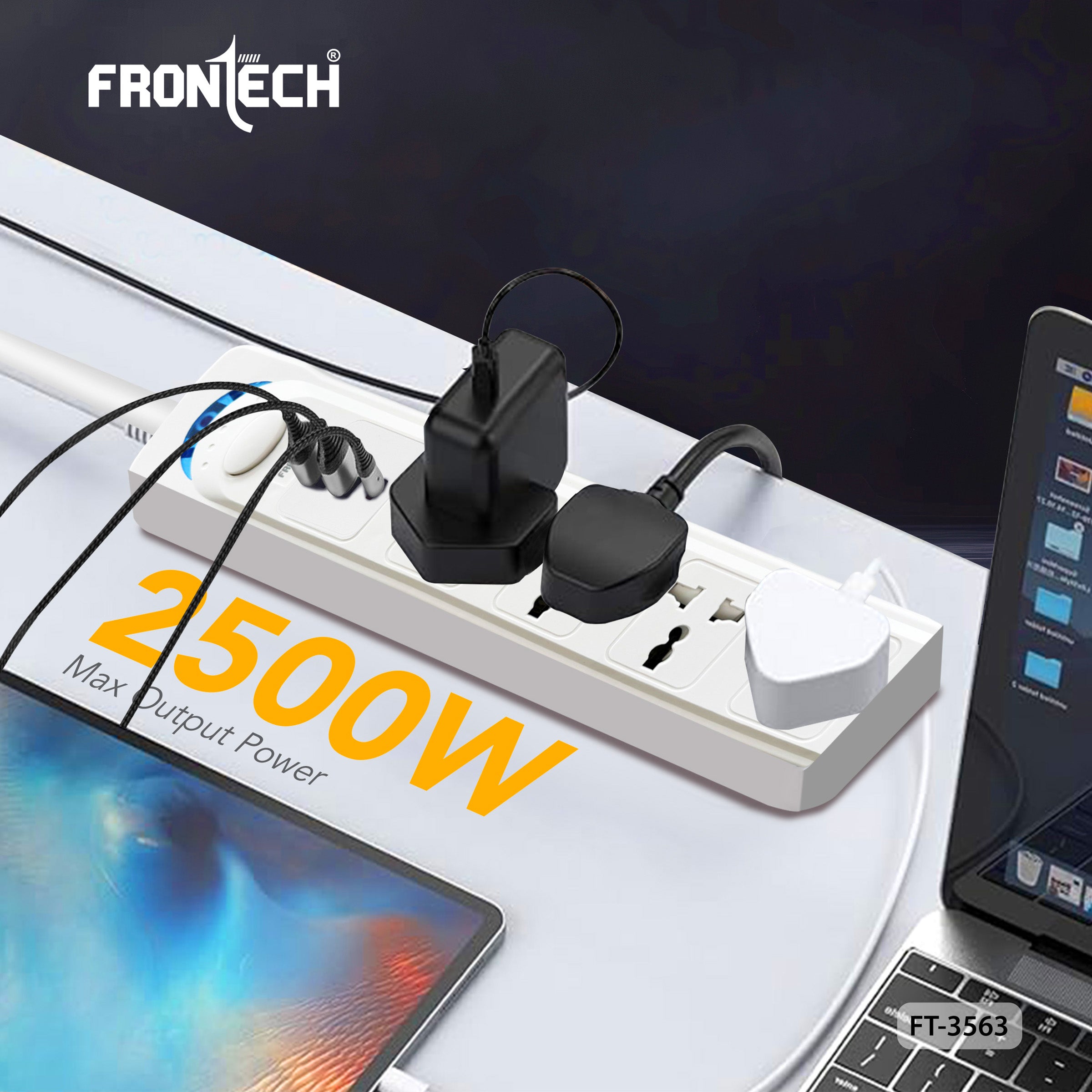 Frontech Power Extension Socket with 4 Universal Sockets, 2 USB Ports & 1 Type-C Port | 5M Cable | Fireproof & Heat Resistant | Power Safety Switch & Wall Mount Option (FT-3563)