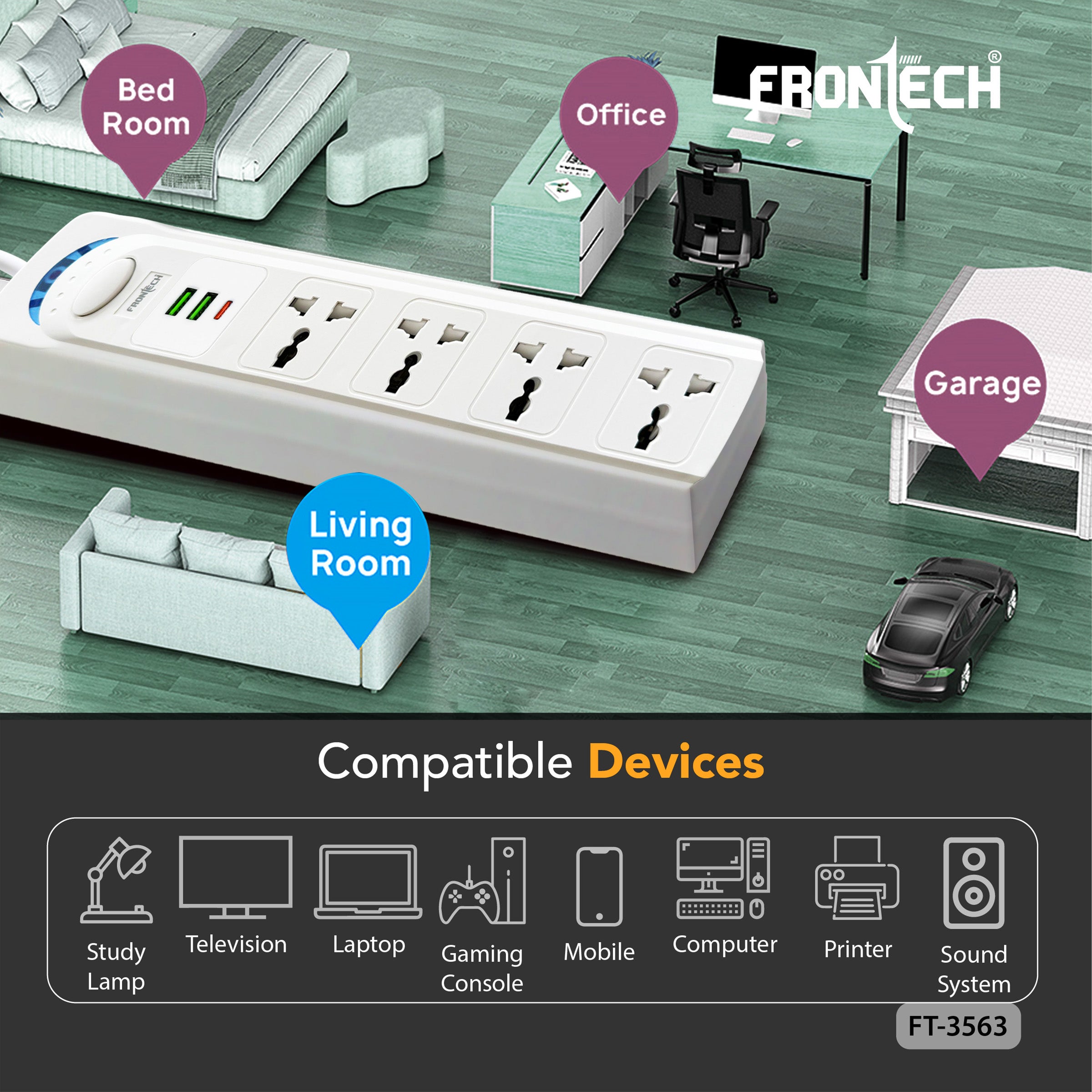 Frontech Power Extension Socket with 4 Universal Sockets, 2 USB Ports & 1 Type-C Port | 5M Cable | Fireproof & Heat Resistant | Power Safety Switch & Wall Mount Option (FT-3563)