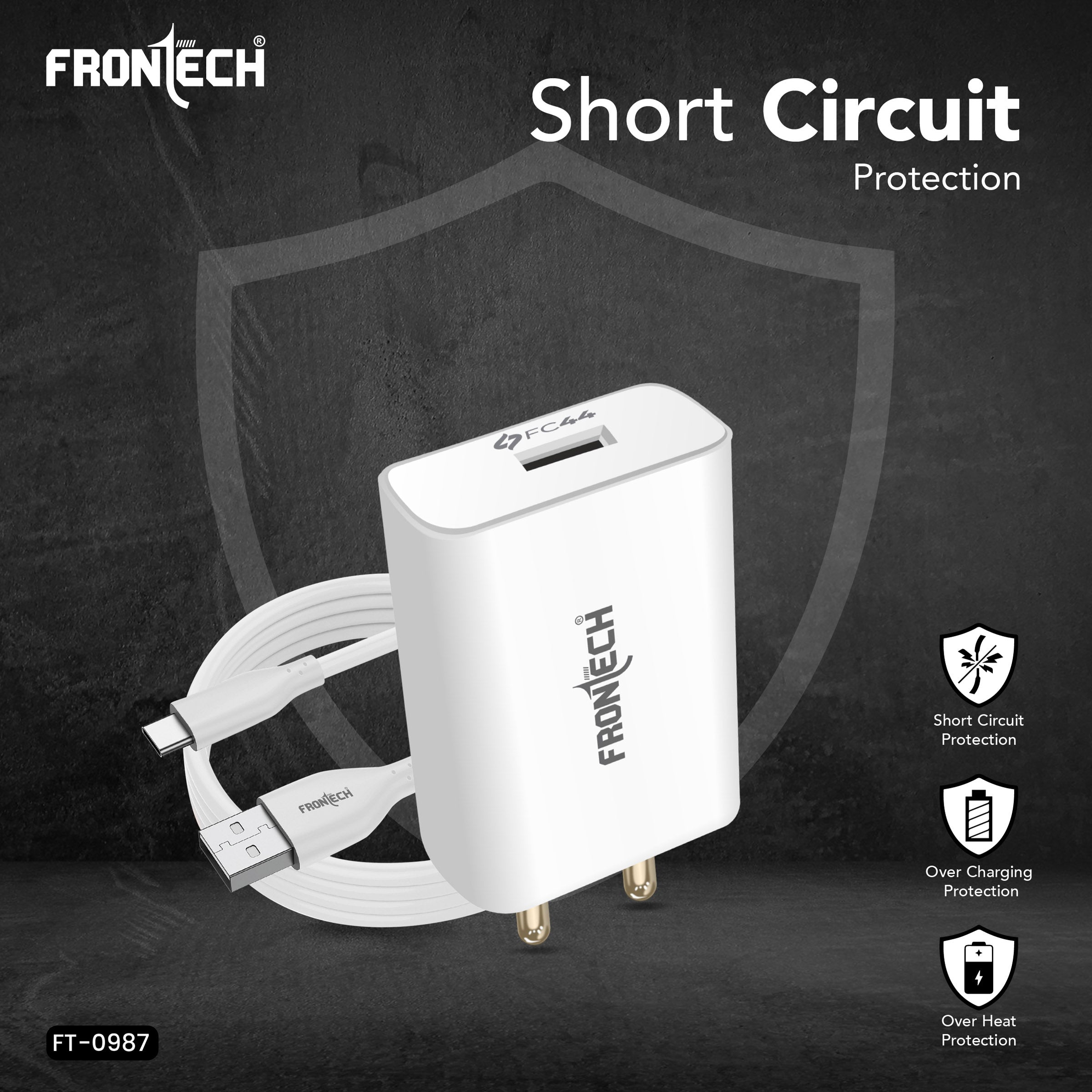 FRONTECH 44W FC Charger with Type-C Cable | Fast Charging Adapter with Smart Chip & Multi-Protection for Smartphones & Tablets(FT-0987)