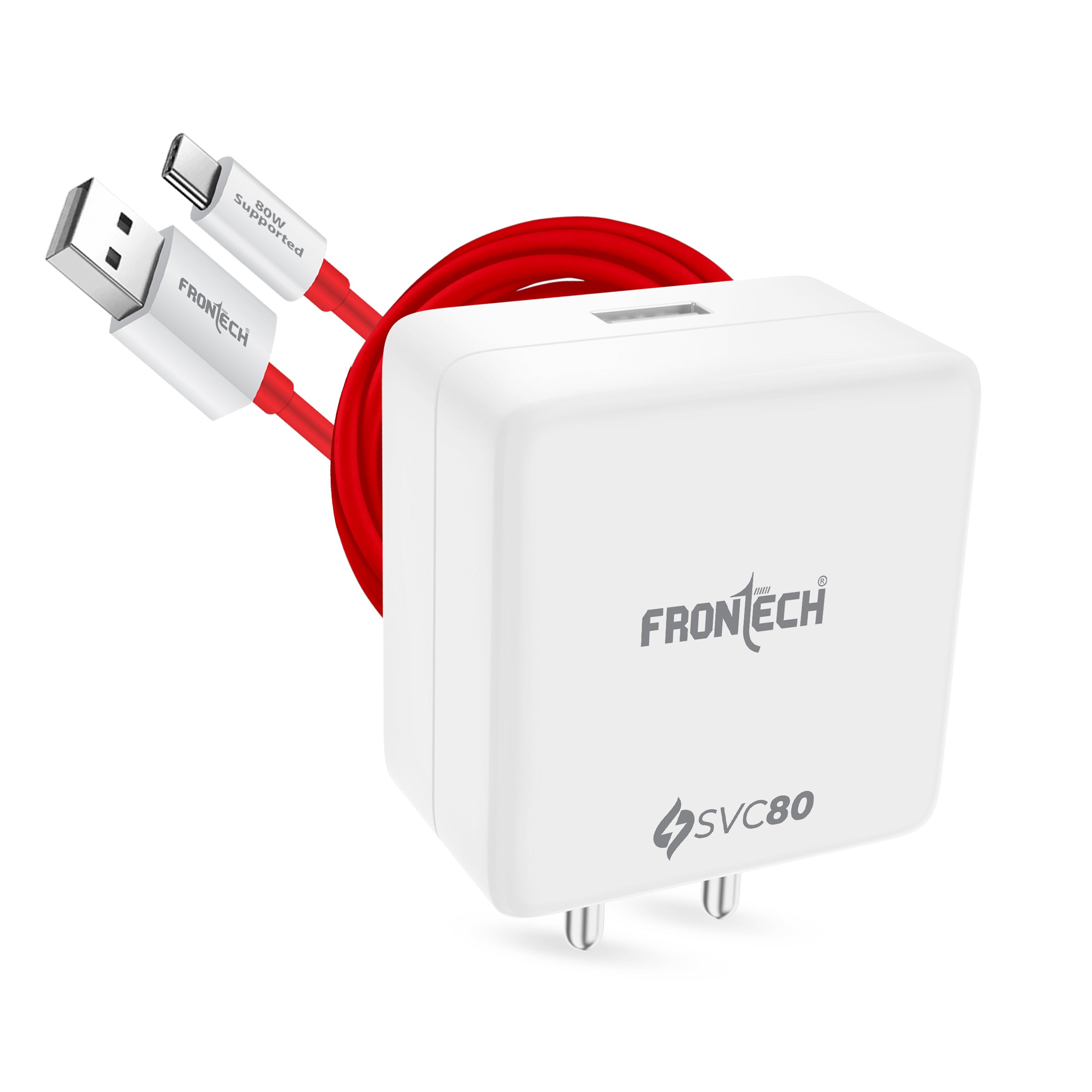 FRONTECH 80W Fast Charger with USB-C Cable | SVC80 Single USB | Type-C 80W Output | Smart Chip | Short Circuit Protection | 1m Cable | Compact & Travel-Friendly | For Smartphones, Tablets & Gadgets (FT-0992C)