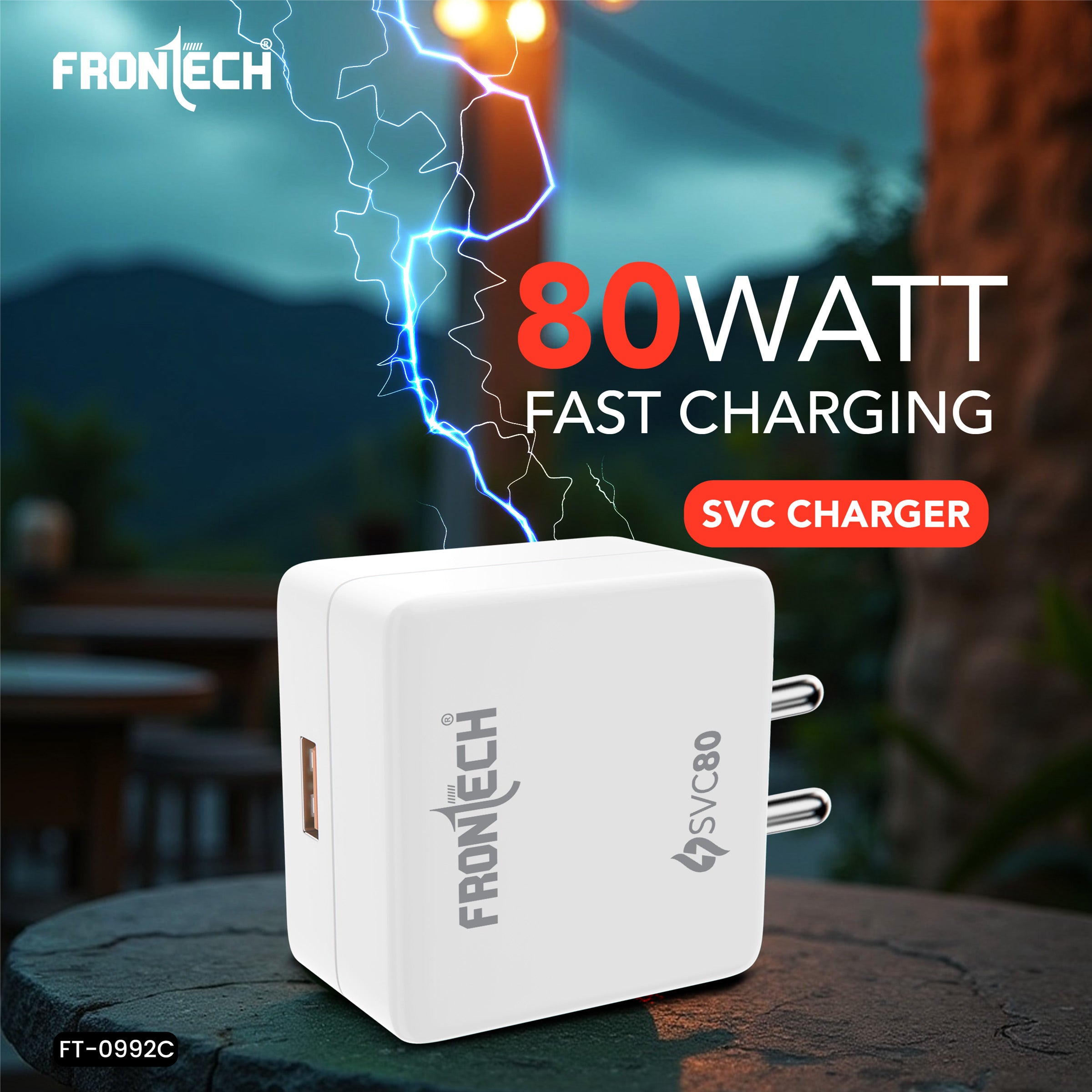 FRONTECH 80W Fast Charger with USB-C Cable | SVC80 Single USB | Type-C 80W Output | Smart Chip | Short Circuit Protection | 1m Cable | Compact & Travel-Friendly | For Smartphones, Tablets & Gadgets (FT-0992C)