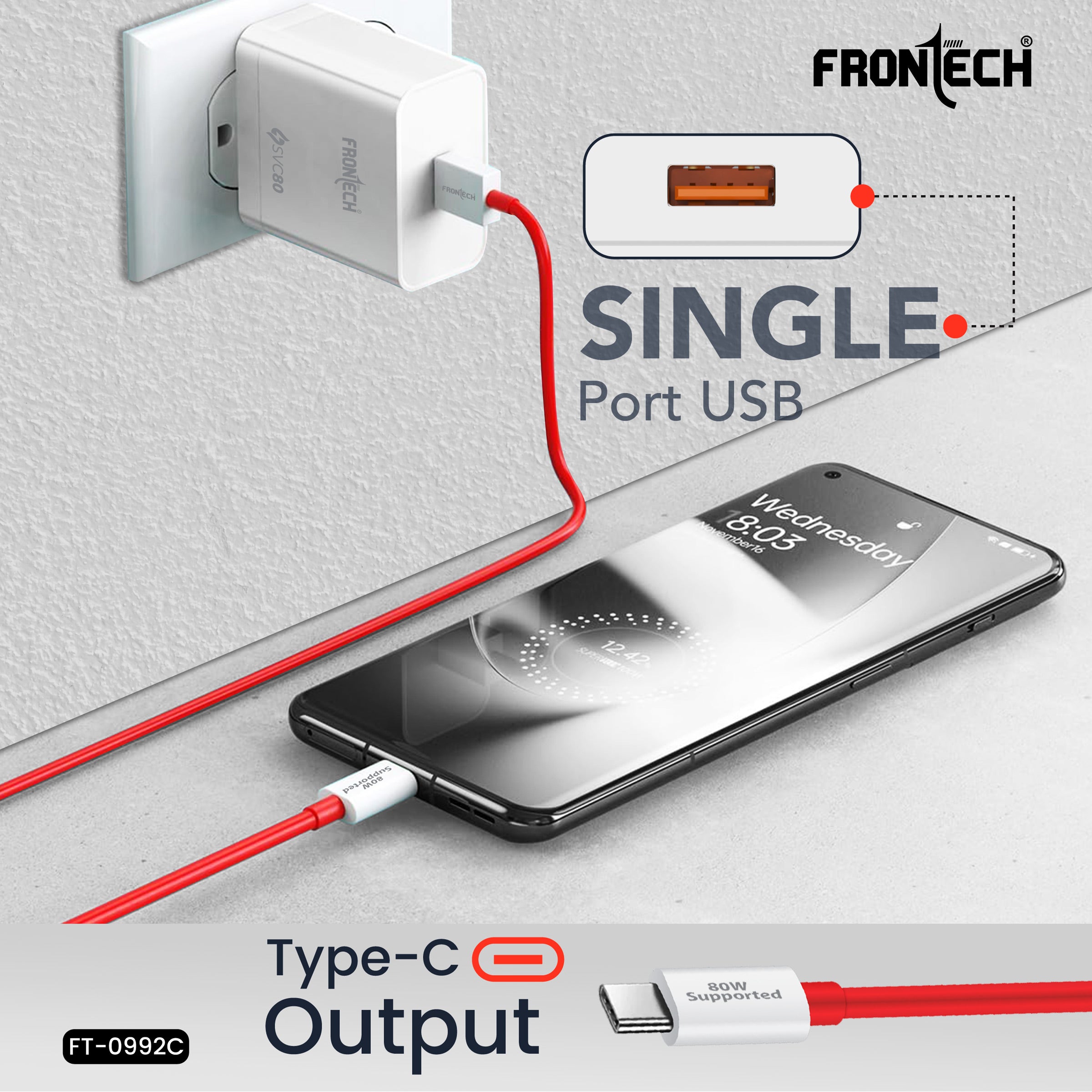 FRONTECH 80W Fast Charger with USB-C Cable | SVC80 Single USB | Type-C 80W Output | Smart Chip | Short Circuit Protection | 1m Cable | Compact & Travel-Friendly | For Smartphones, Tablets & Gadgets (FT-0992C)