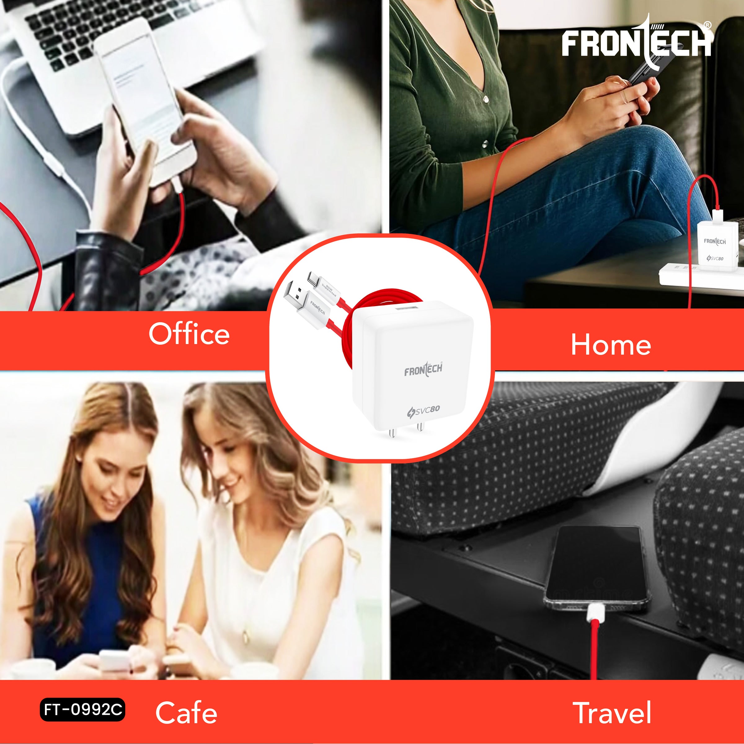 FRONTECH 80W Fast Charger with USB-C Cable | SVC80 Single USB | Type-C 80W Output | Smart Chip | Short Circuit Protection | 1m Cable | Compact & Travel-Friendly | For Smartphones, Tablets & Gadgets (FT-0992C)