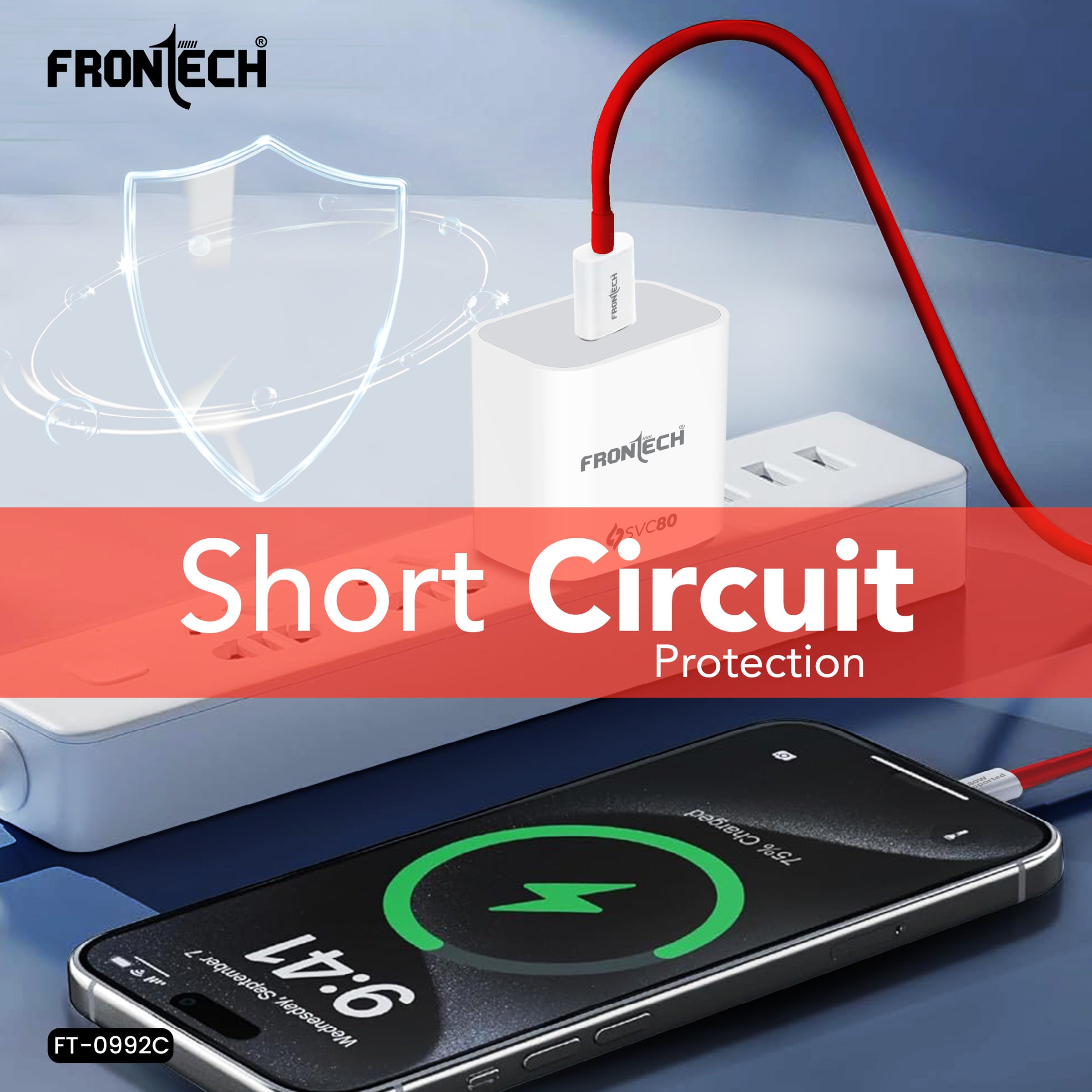FRONTECH 80W Fast Charger with USB-C Cable | SVC80 Single USB | Type-C 80W Output | Smart Chip | Short Circuit Protection | 1m Cable | Compact & Travel-Friendly | For Smartphones, Tablets & Gadgets (FT-0992C)