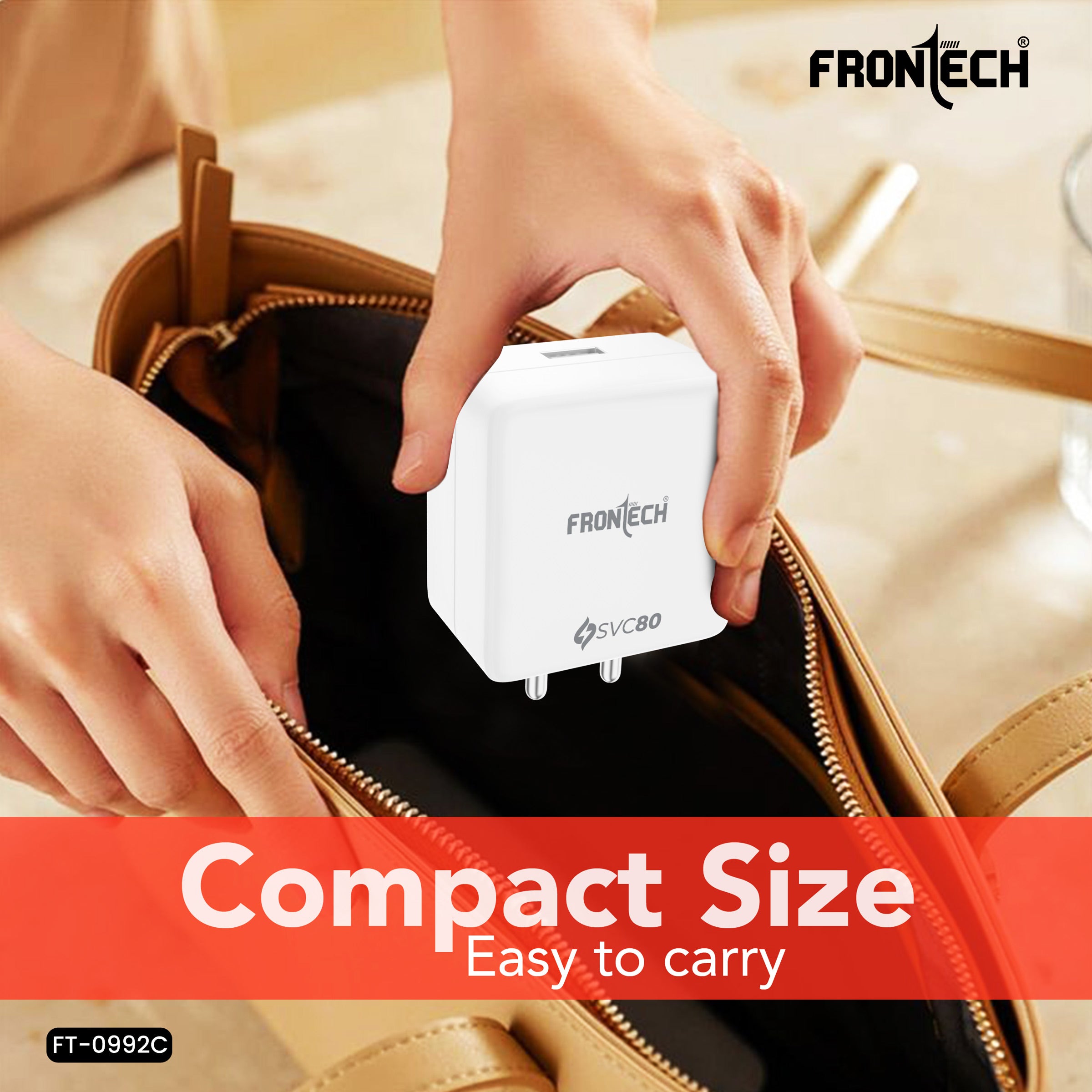 FRONTECH 80W Fast Charger with USB-C Cable | SVC80 Single USB | Type-C 80W Output | Smart Chip | Short Circuit Protection | 1m Cable | Compact & Travel-Friendly | For Smartphones, Tablets & Gadgets (FT-0992C)